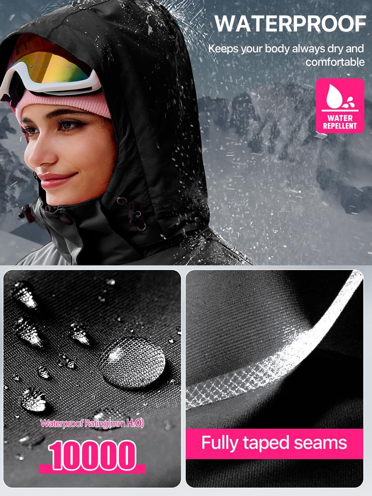 FREE SOLDIER Giacca Impermeabile da Ski/Neve Donna, Foderata in Pile, Calda per l'Inverno con Cappuccio e Cuciture Completamente Sigillate