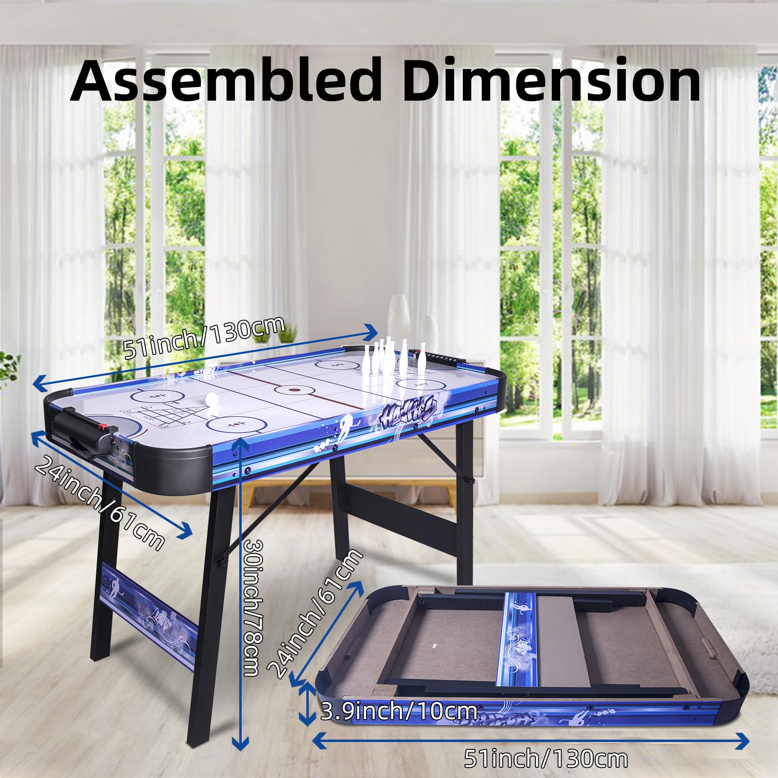 HLC 3 in 1 Multiplay-Tisch, Air Hockey Tisch, Bowling, Shuffleboard, mit Ventilator 12 V, Größe 130 x 61 x 78 cm
