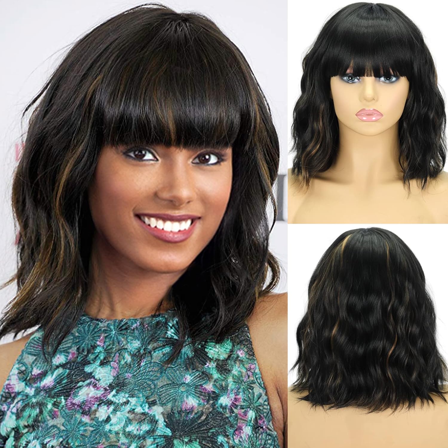 MISSQUEEN Short Black Mixed Brown Bob Wavy Wigs 12 inch