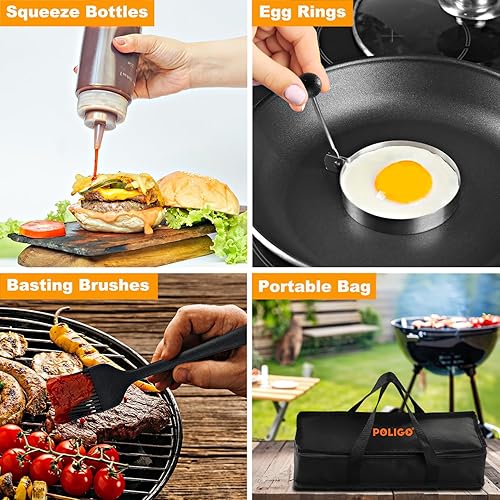 Miniatura 6 de POLIGO Juego de 28 accesorios para parrilla, juego de accesorios de parrilla plana para chef de campamento, juego de espátulas para parrilla con