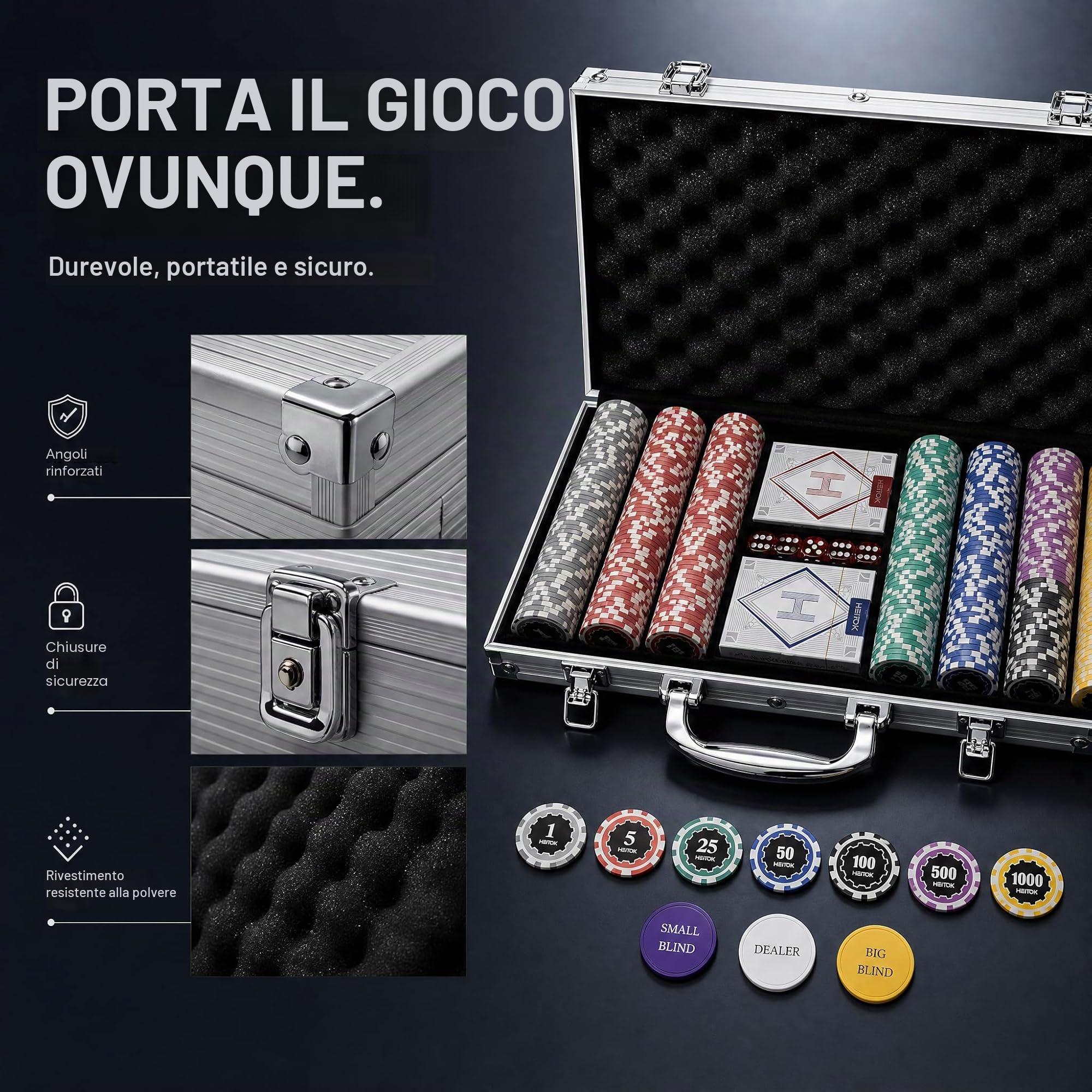 Set Poker 300 Fiches 11,5g Nucleo Metallo - Valigetta Alluminio per Texas Hold'em Professionale