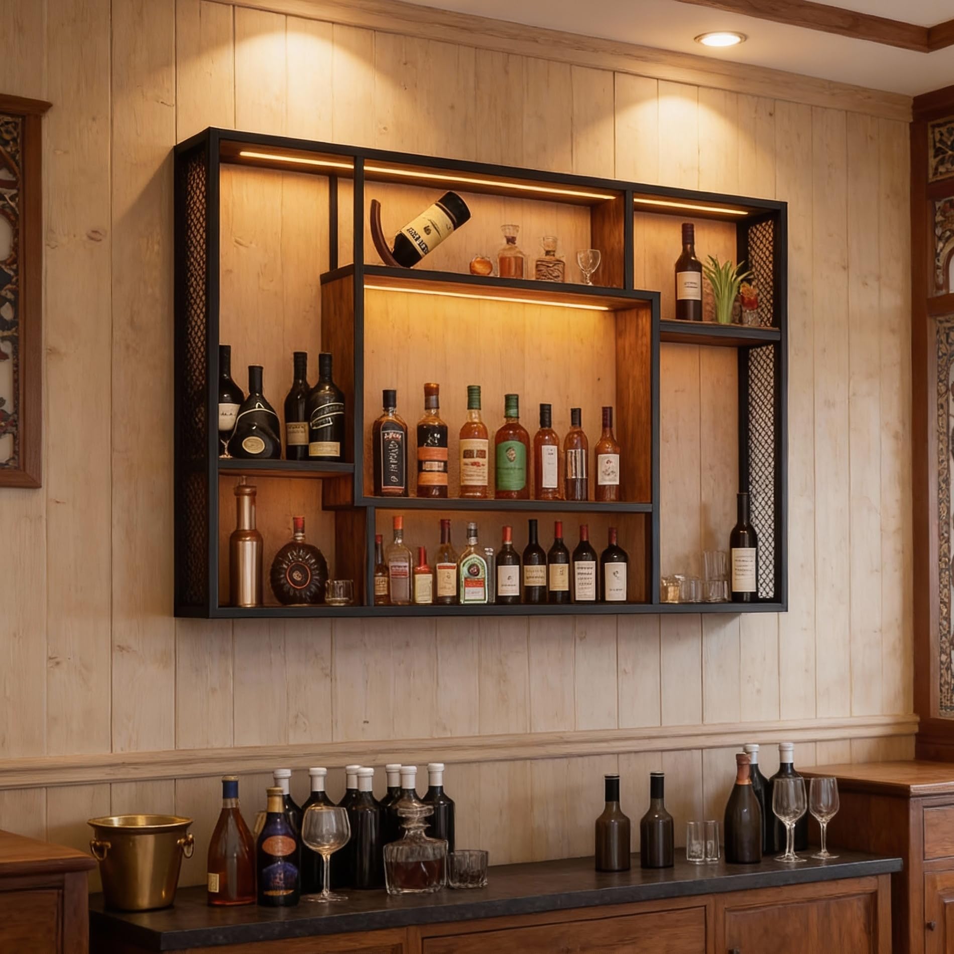 YOURLITE Weinregal Wand, mit LED-Beleuchtung Metall, Bar Regal mit LED-Licht, Wandmontage Wine Display-Ständer, 3 Ebenen Weinregal Metall, für Bars, Wohnzimmer, Küche, Restaurant, Schwarz