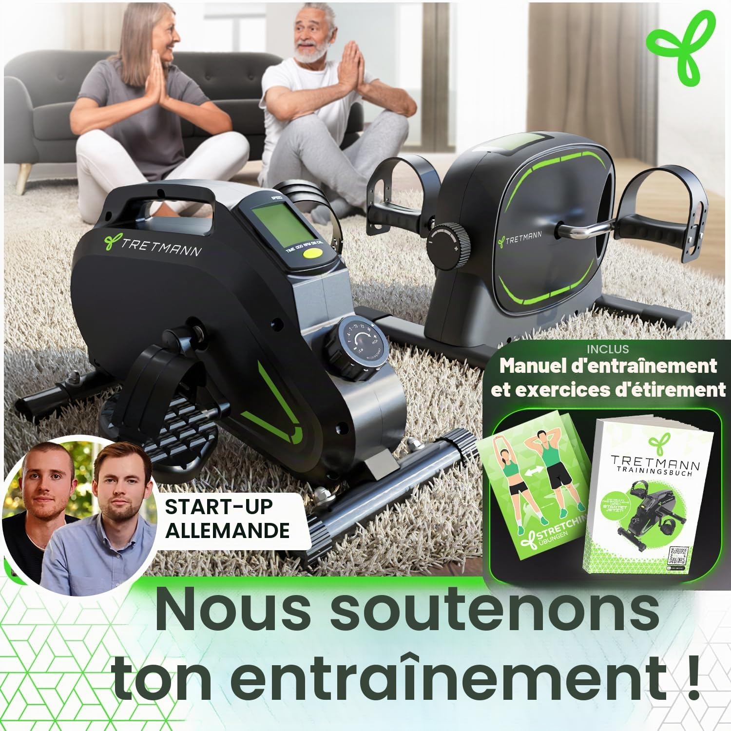 Tretmann Pédalier Pro Set L'Original Extra Silencieux Tapis Antidérapant Bande de Fixation Testé DEKRA Entraîneur de Jambes pour Seniors Mini Vélo de Table