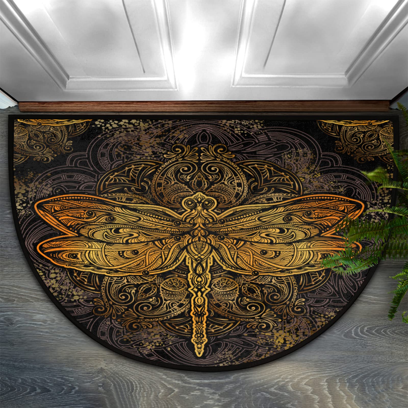 Bioputty Half Round Rugs Vintage Dragonfly Retro Mandala Semicircular Indoor Door Mat Entryway Welcome Mat Non-Slip Half Round Low Profile Door Mat for Home Kitchen