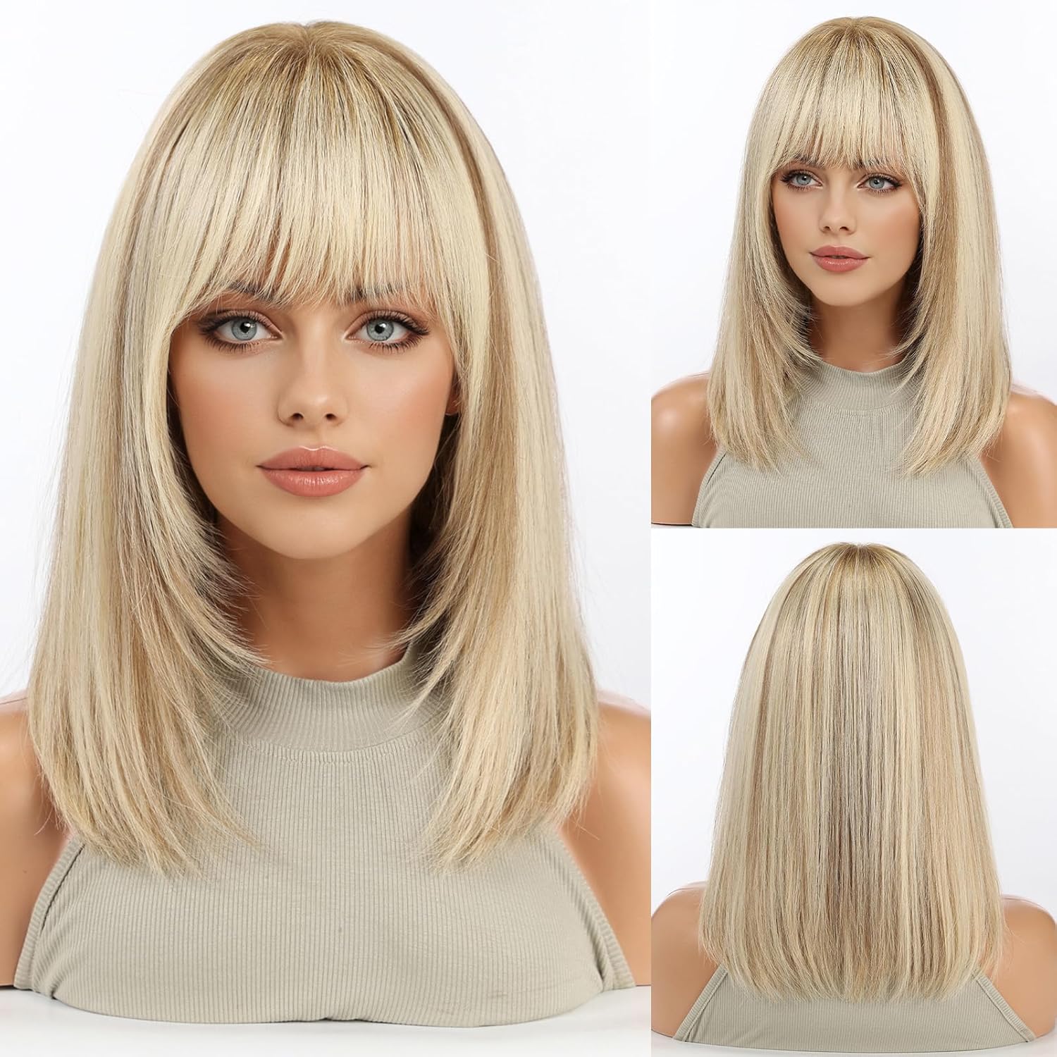 KKU 14 Inch Ombre Golden Brown Layered Straight Human Hair Wig with Bangs, Human Hair Wigs for Women, Wear Natural Realism for Daily Use