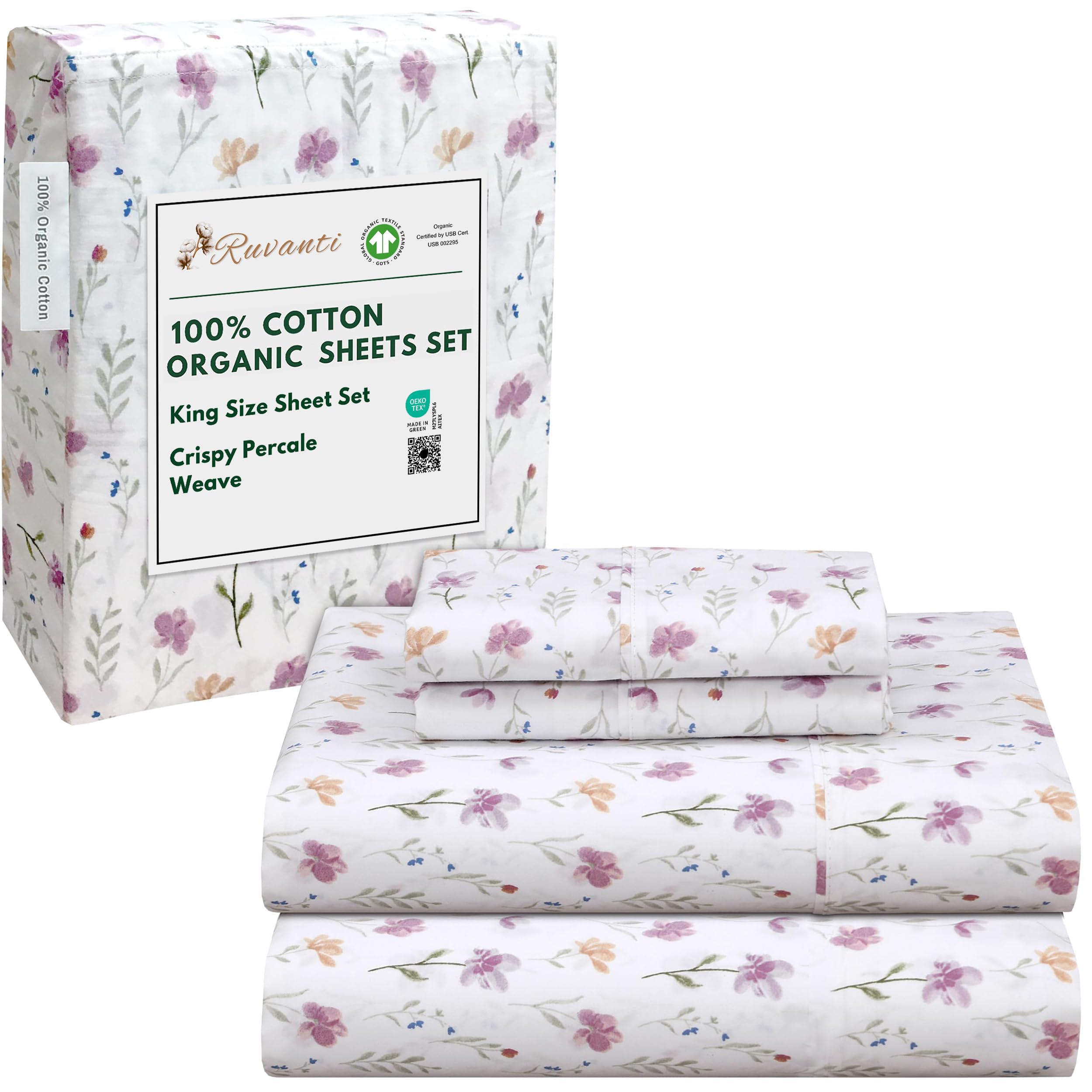 RUVANTI 100% Organic Cotton Sheets King Size, Percale Weave, GOTS Certified, 4-Piece Set, Deep Pocket 15", Crisp & Breathable, Soft Durable Bedding, Sábanas Algodón Orgánico – Obsessed Stems