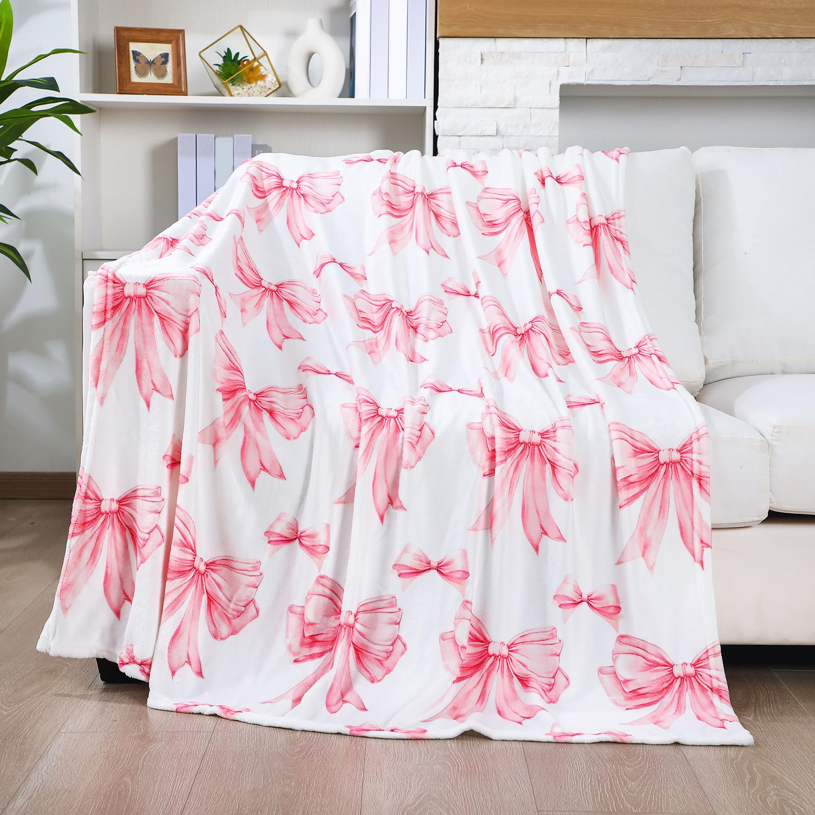 FYSUIMU Pink Bow Fuzzy Flannel Throw Blanket - Coquette Style, 50 X 60 Inch, Soft & Cozy For Bed Or Couch