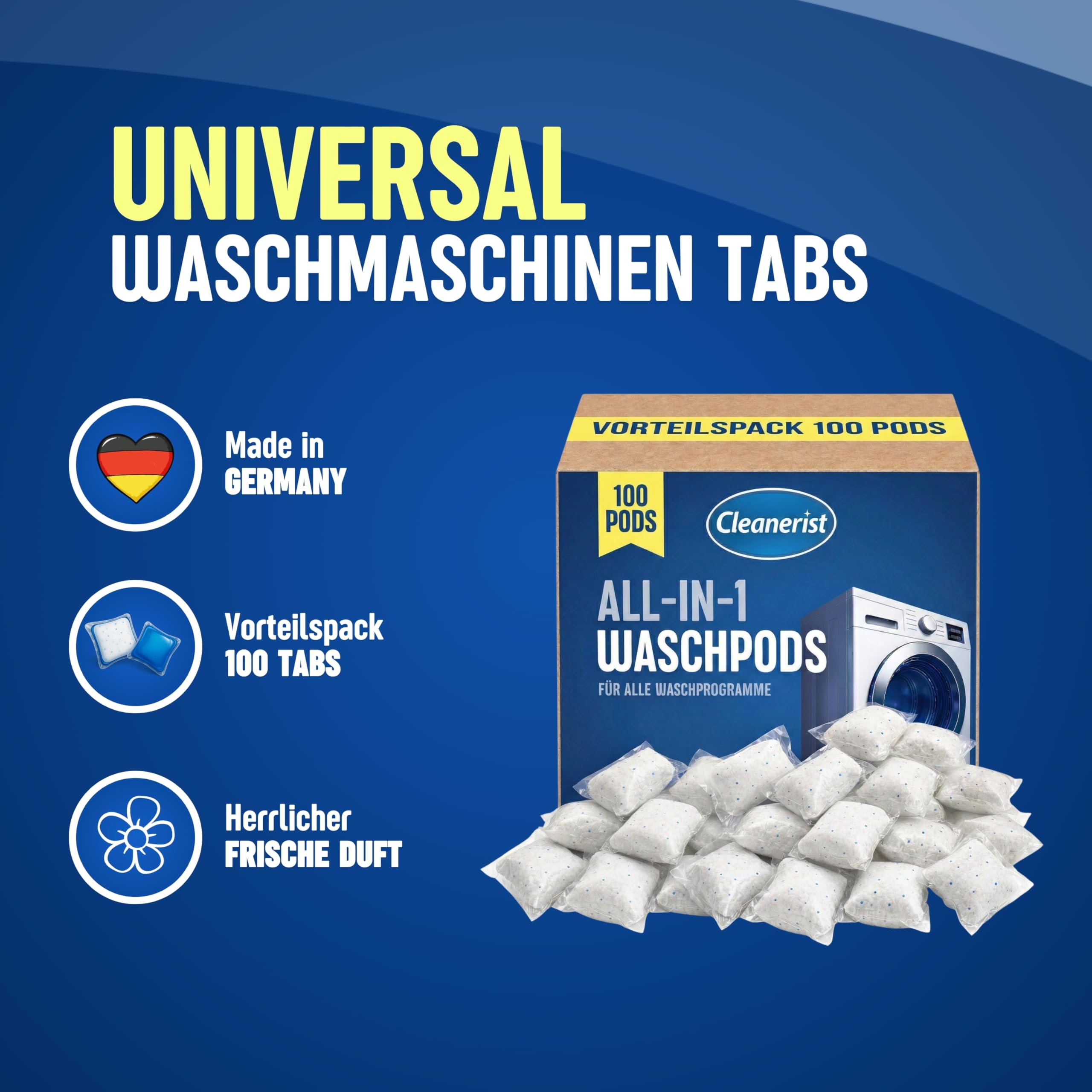 Cleanerist | All-in-1 Waschmittel Pods Caps – 100 Universal-Tabs (2kg) Pulver gefüllt, schnell löslich, für Weiß- Bunt- Kochwäsche – Frischer Duft – Made in Germany