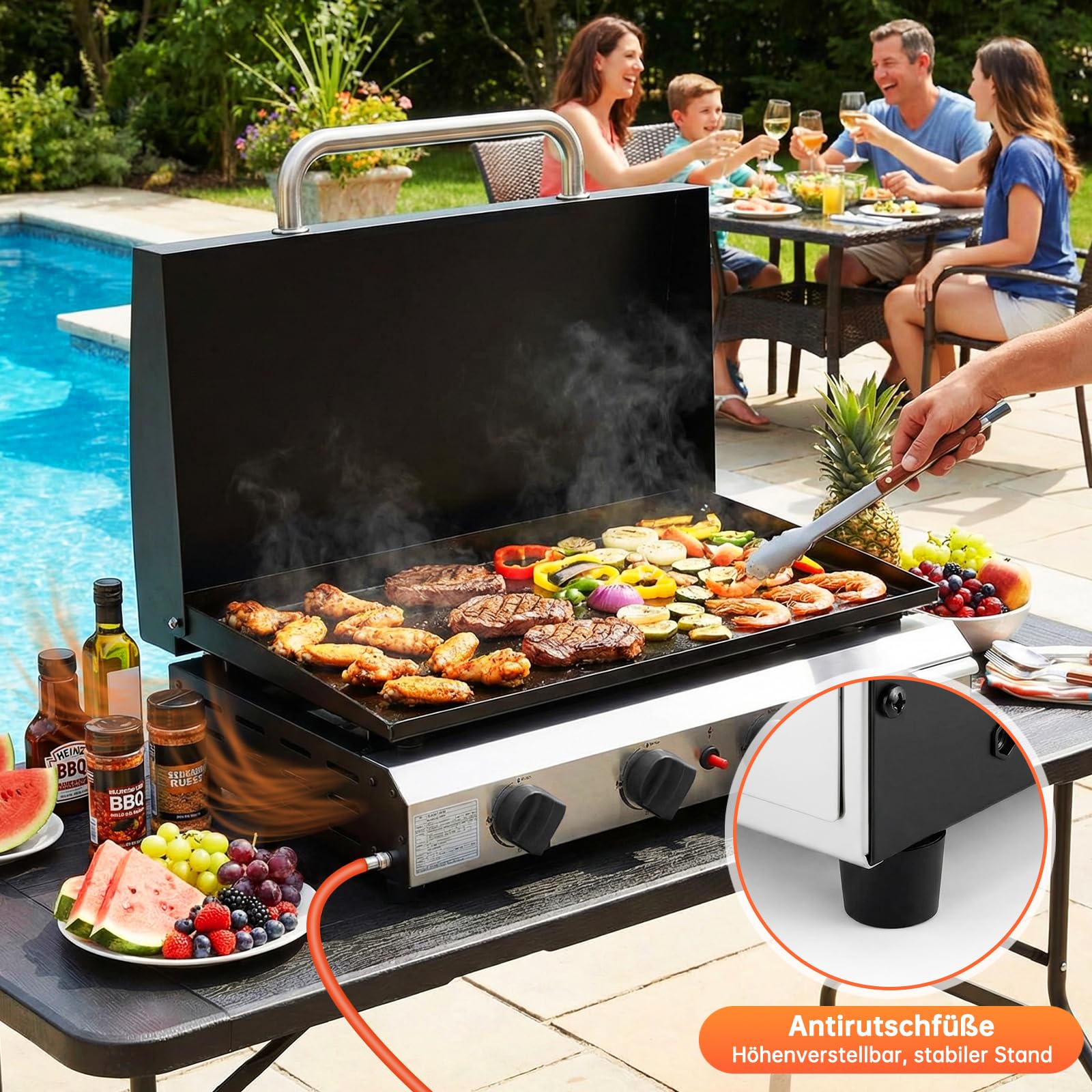 LIFERUN Tischgasgrill mit 4 Edelstahl-Brenner(9.6KW),groß Tischgrill mit Deckel(Grillfläche 74×35cm),Campinggrill Keramische Lackbeschichtung Grillplatte,Balkongrill für Familien,Gartenpartys,Feiern