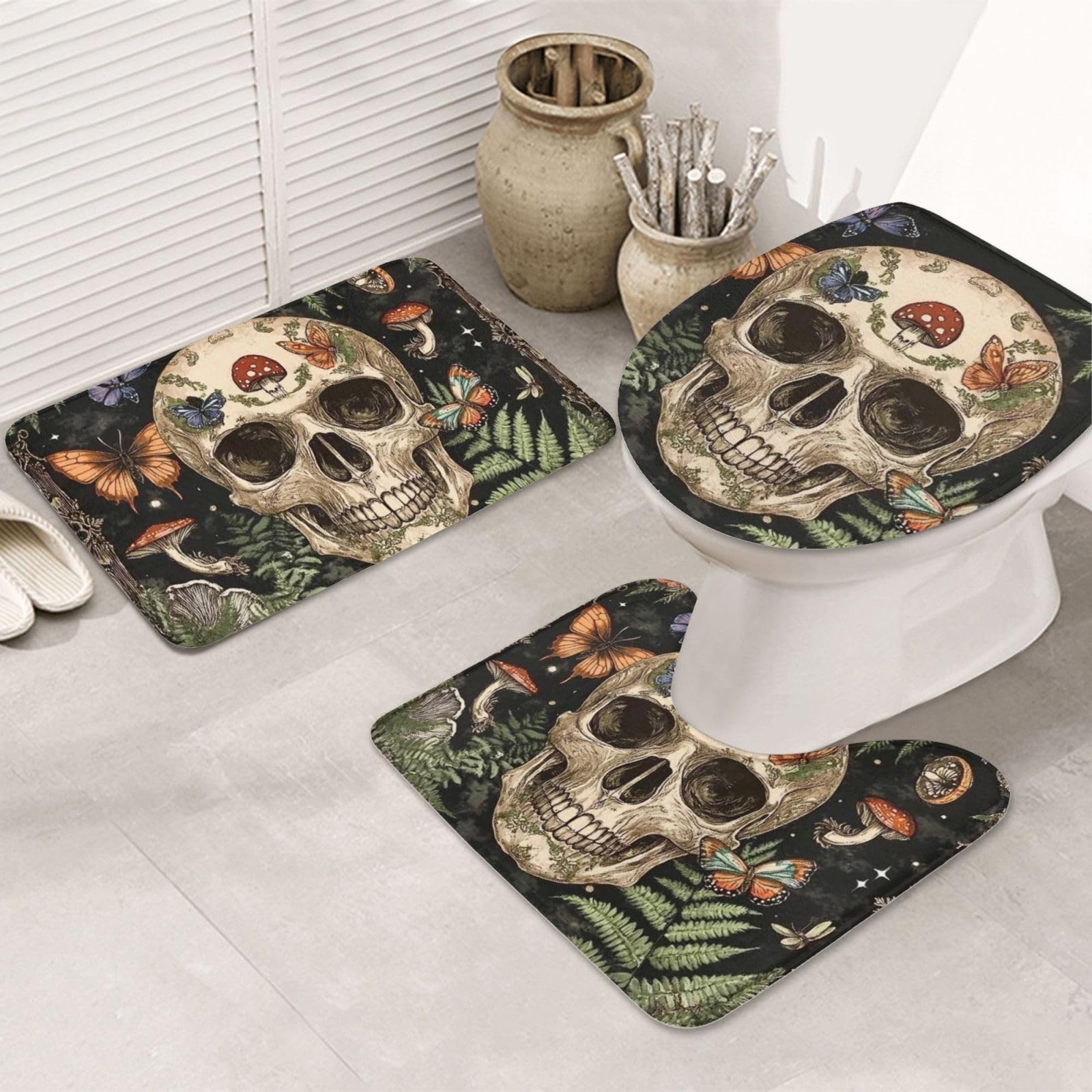 Alfombras de baño de esqueleto y mariposa con funda de inodoro