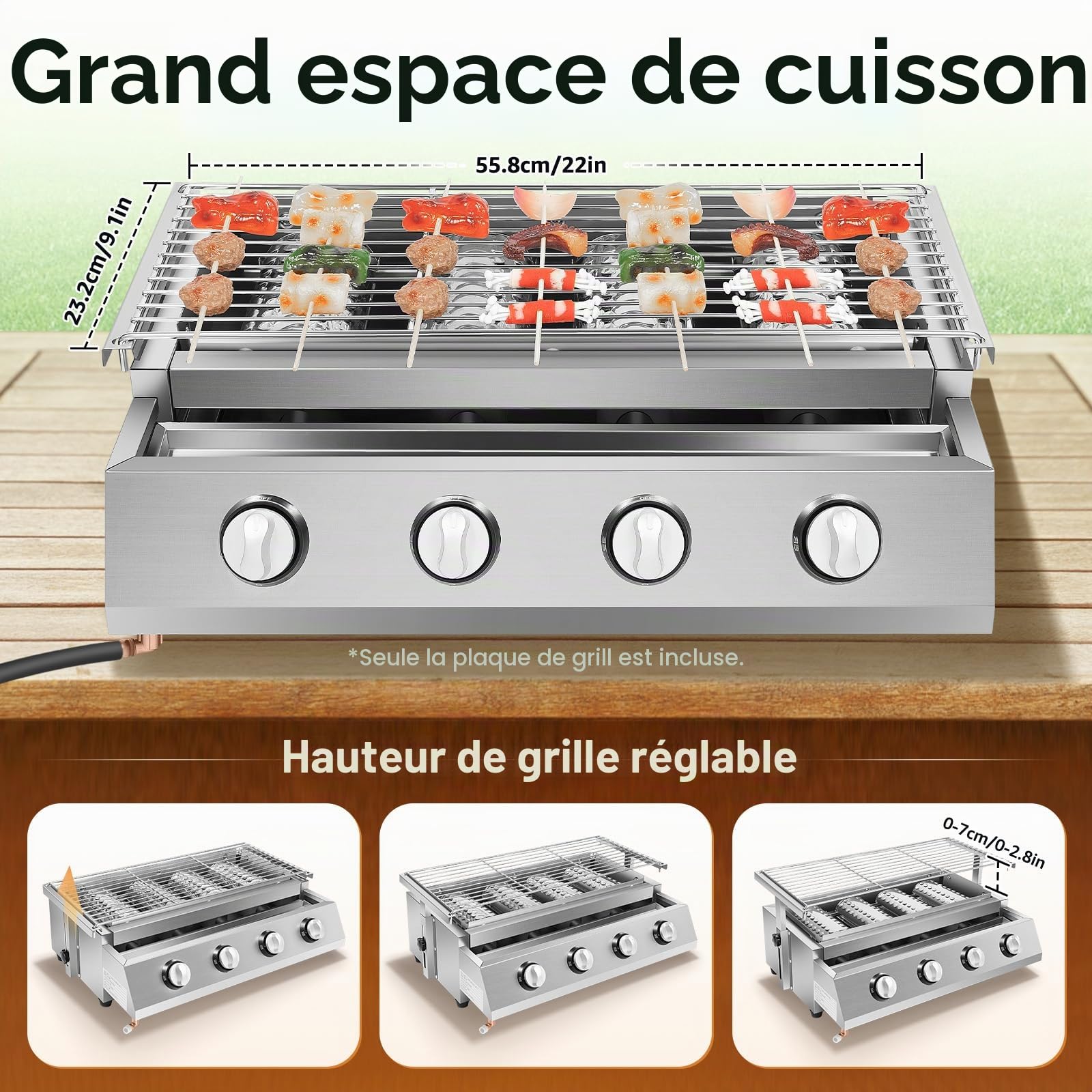 Barbecue à gaz professionnel en acier inoxydable avec grille de cuisson, hauteur réglable, barbecue à gaz amovible, 4 brûleurs, pour camping, balcon, jardin