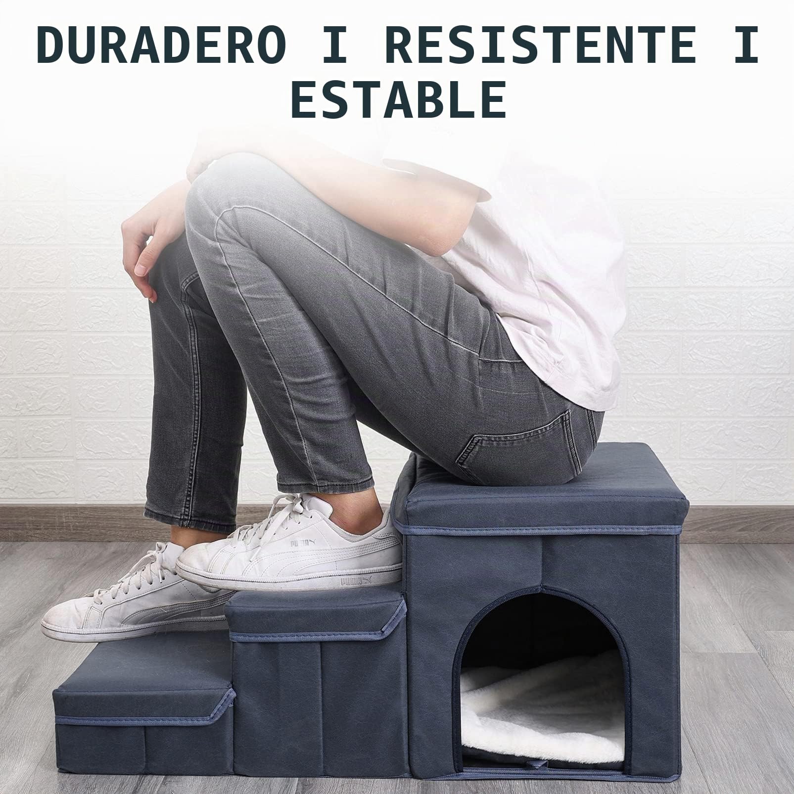 Escalera para Perros de 3 Peldaños, Portátiles Extraíble Escalera para Mascotas con Cajas de Almacenamiento, Rampa Mascotas con Fondo Antideslizante, para Perros Pequeños, Gatos (Azul)