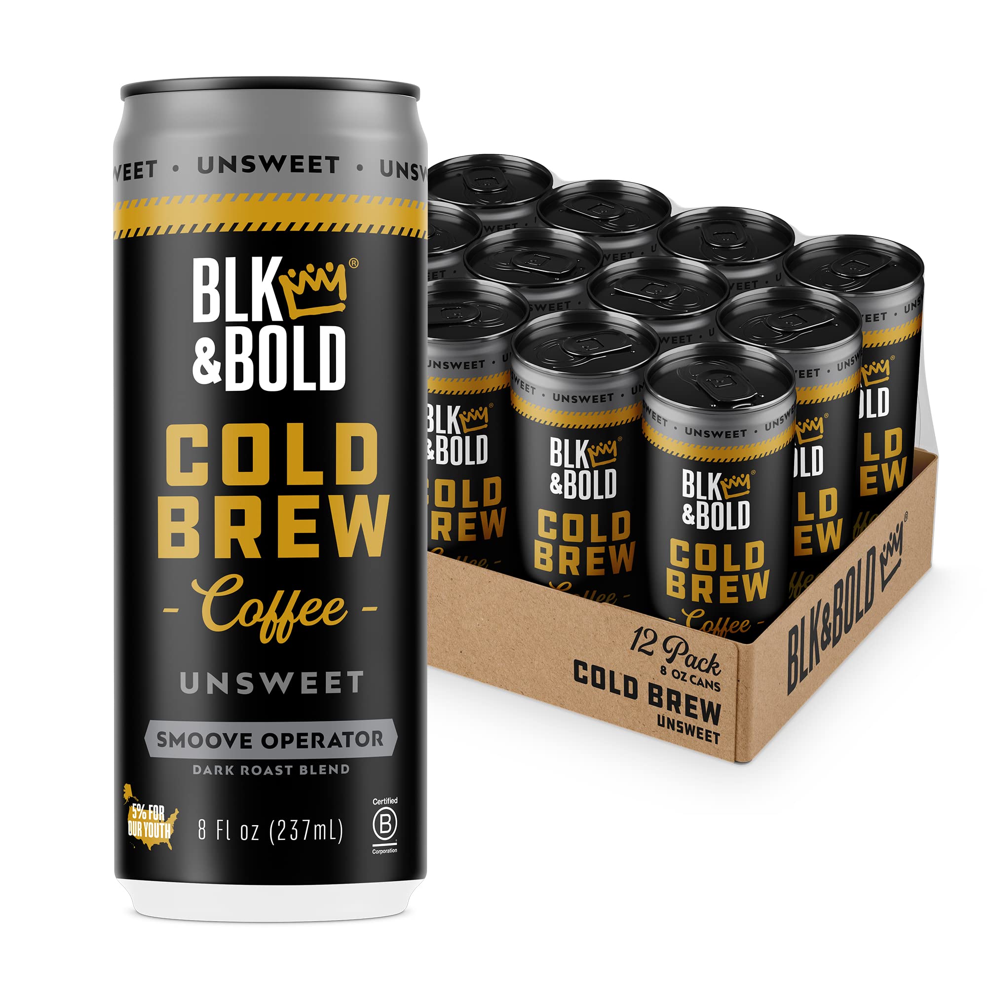 BLK & Bold Smoove Operator Cold Brew Coffee, Unsweet. Keto-Friendly, Zero Sugar, Low Calorie Ready-to-Drink Dark Roast. 8 oz Cans (Pack of 12)