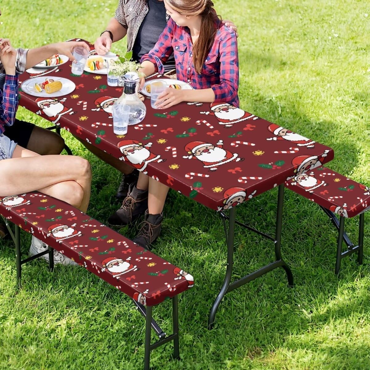 Santa Candy Cane Picnic Table Cover with Bench Covers Waterproof Farmhouse Christmas Decor Table Cover Water-Resistant Camping Fitted Tablecloth for Picnics Indoor and Outdoors Dining