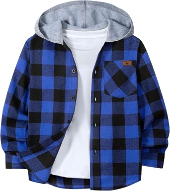 Boys Flannel Shirts Kids Plaid Hoodie for 6-15 Years