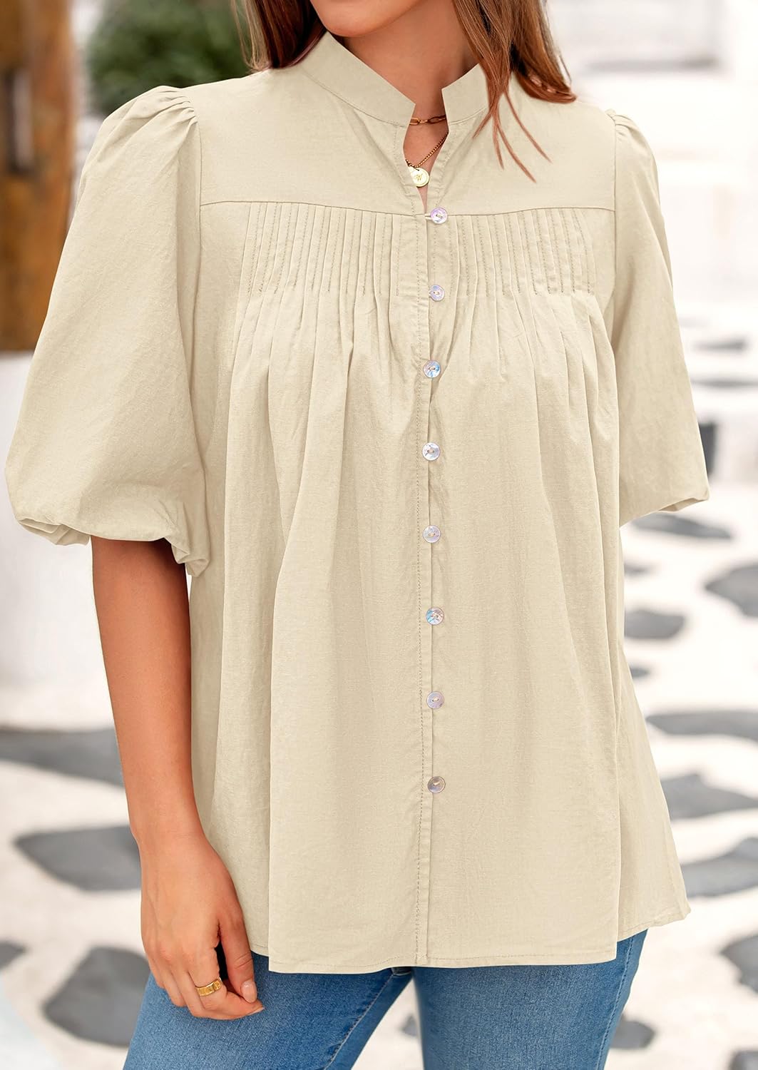 PRETTYGARDEN Women's 2026 Summer Short Lantern Sleeve Tops Loose Fit Button Down Shirt Pleated V Neck Blouses Trendy Clothes - Image 7