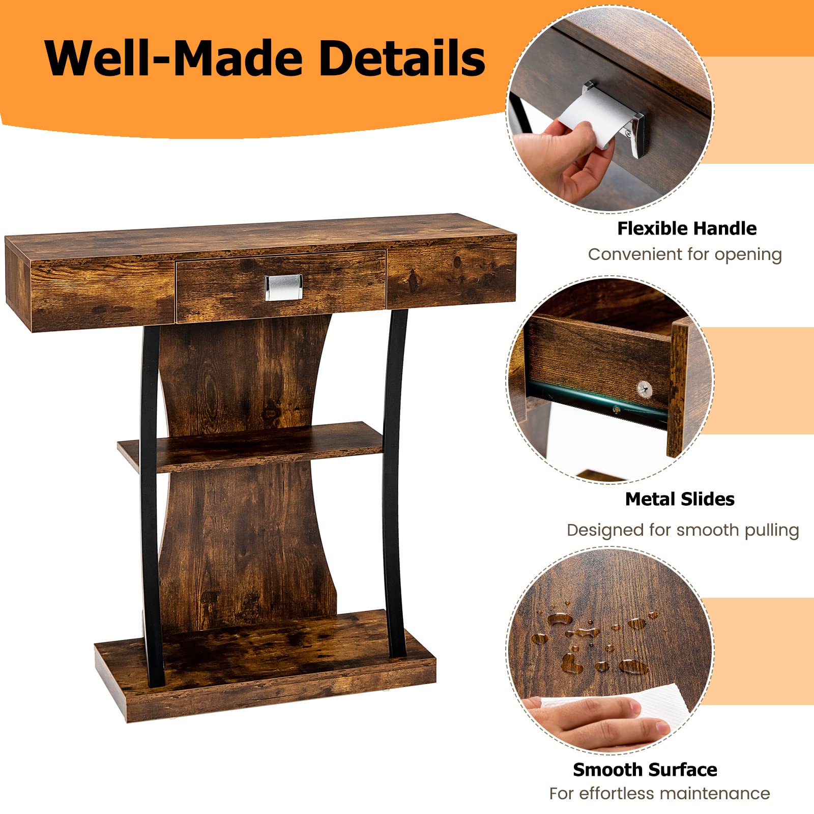 LIFEZEAL Konsolentisch Schmal, Flurtisch mit 3 Ebenen, Beistelltisch Holz mit Schublade, Sideboard Console Table für Eingang, Flur, Wohnzimmer, Rustikales Braun (Braun)