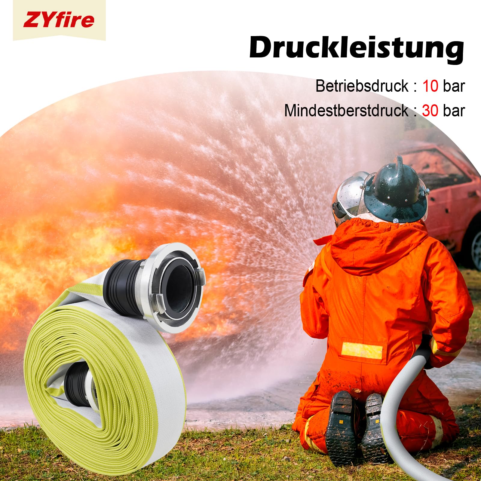 ZYfire Feuerwehrschlauch 25mm x 20m | 1 Zoll Schlauch mit D-Storz Kupplung