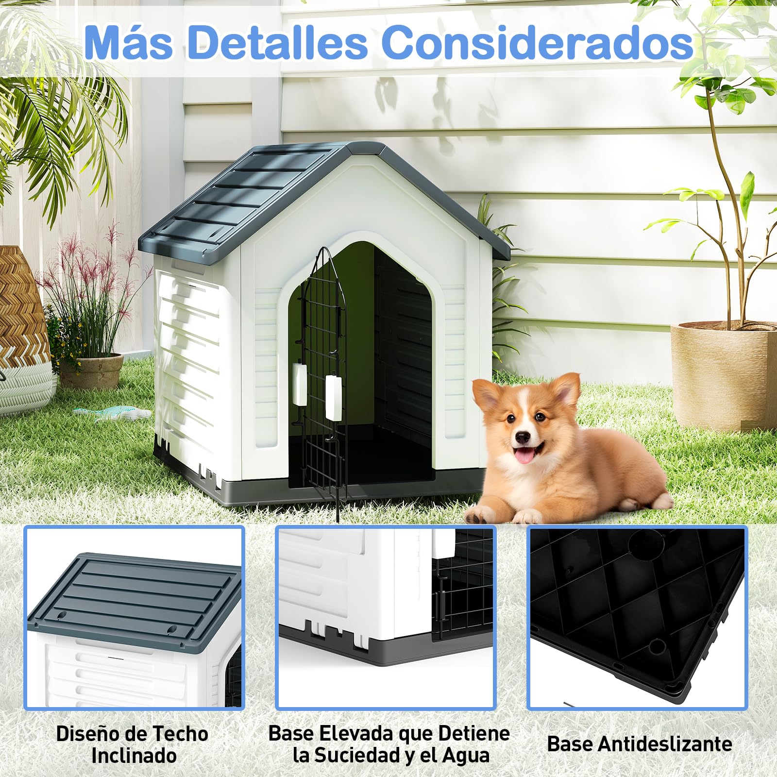 GOPLUS Caseta de Perro de Plástico, Casa para Perros con Puerta de Malla Bloqueable y Piso Elevado, Ventilación, Techo Inclinado, Perrera para Interior y Exterior para Mascotas (Gris)