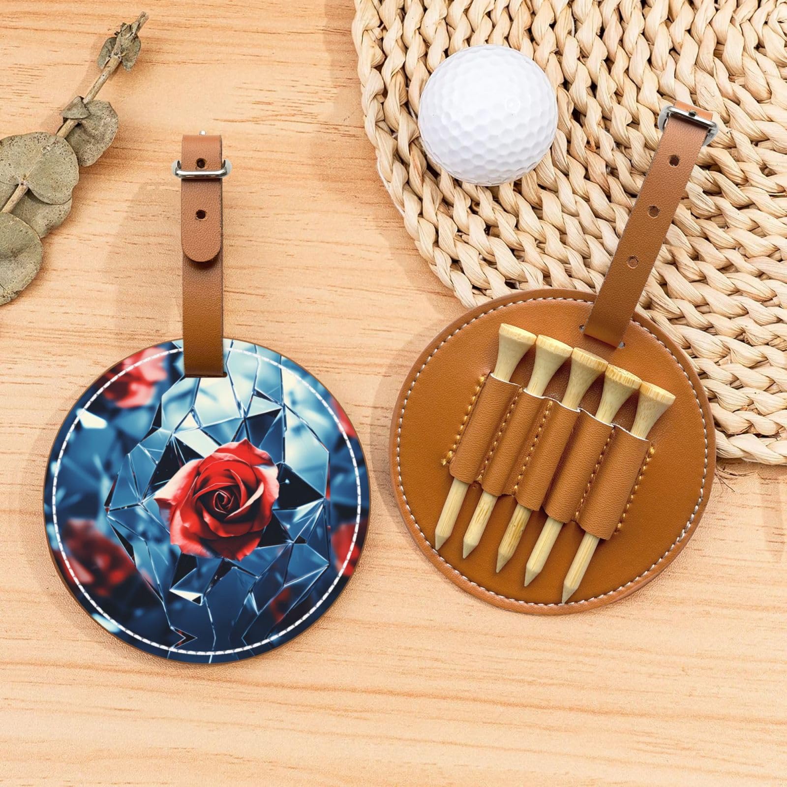 Glass Red Rose Brown Printed golf tee storage bag - portable design, easy to organize tee