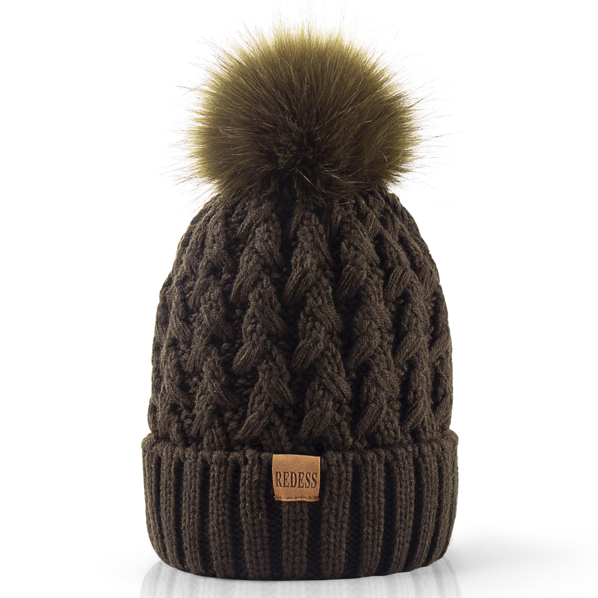 REDESS Cappello Invernale da Donna con Pompon con Pompon Cappelli Caldi Foderati in Pile, Berretto Incrociato in Maglia di Neve Spessa e Morbida per Le Signore