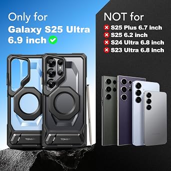 حافظة Tongate Magnetic لهاتف Samsung Galaxy S25 Ultra مع حامل من سبائك الألومنيوم، واقي شاشة للخصوصية، متوافق مع MagSafe، حافة TPU مضادة للانزلاق، حافظة حماية عسكرية لهاتف S25 Ultra، أسود