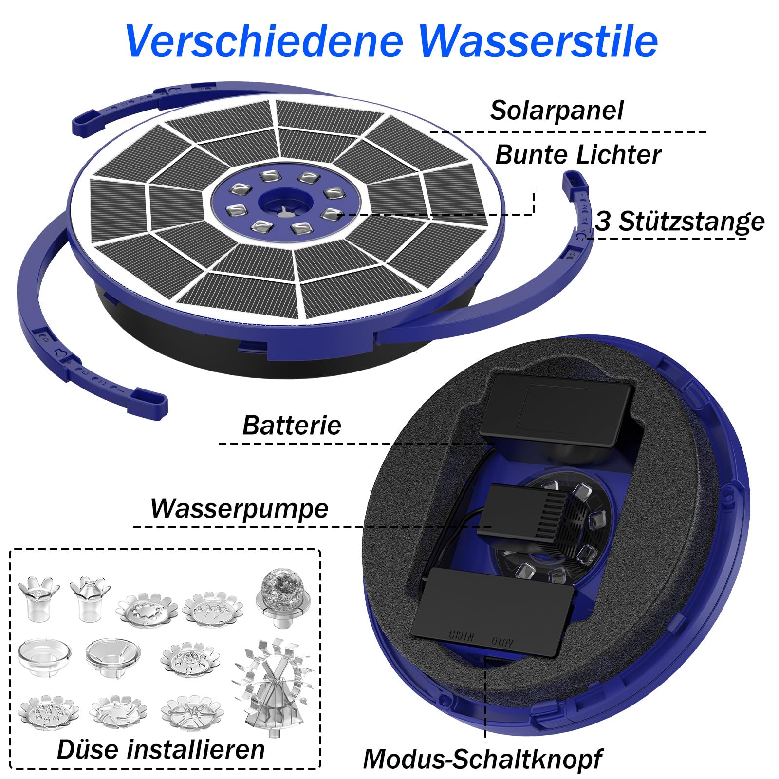 AISITIN LED Solarbrunnen für Draussen Verbessert mit 3000mAh, 3,5W Solar Schwimmender Fontäne Pumpe mit Verschiedene Sprüh Effekten, Solar Springbrunnen für Außen mit Blau Glasscheibe für Garten,Teich