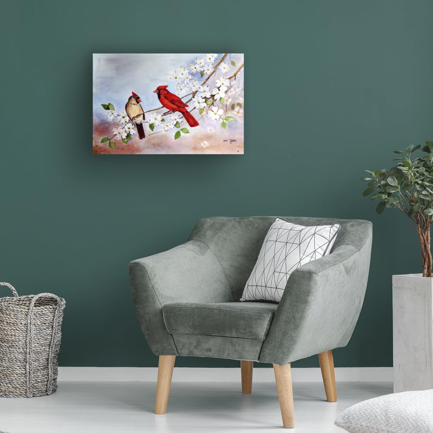 Wrapped Canvas Wall Art - Arie Reinhardt Taylor 'Cardinals And Dogwood' Wall Art for Living Room, Bedroom, or Office Décor - 22x32
