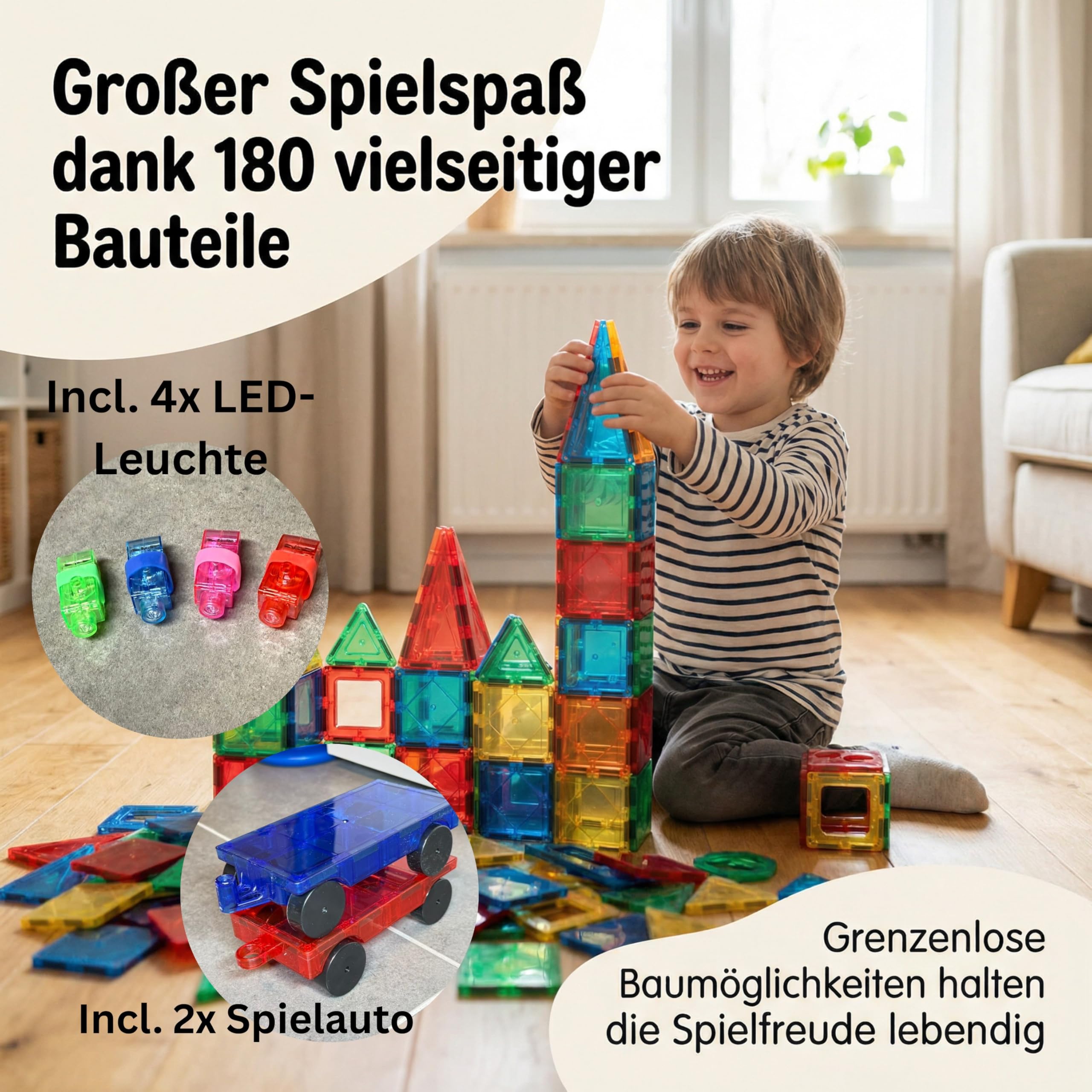 BauHelden Magnetbausteine Set, 180 Teile, Magnetische Bausteine, BPA Frei, Deutsche Bauanleitung, Kreatives Konstruktionsspielzeug