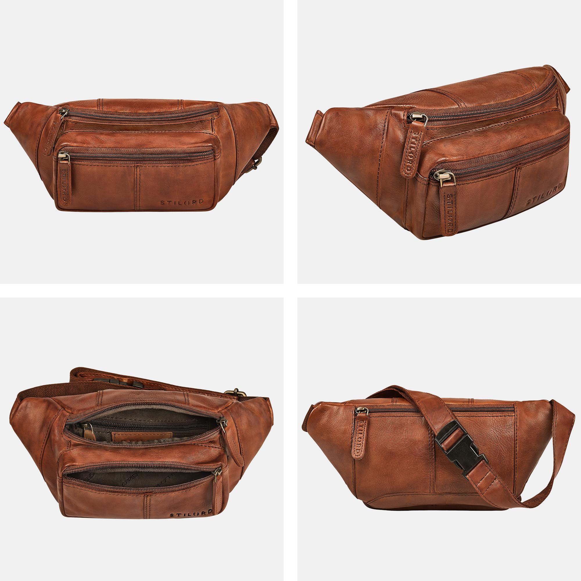 STILORD 'Devon' Riñonera Hombre Cuero Cognac Vintage con Muchos Compartimentos - Riñoneras Hombre Cuero Auténtico antirrobo - Ideal Bolso Cinturon en Viajes y Festivales