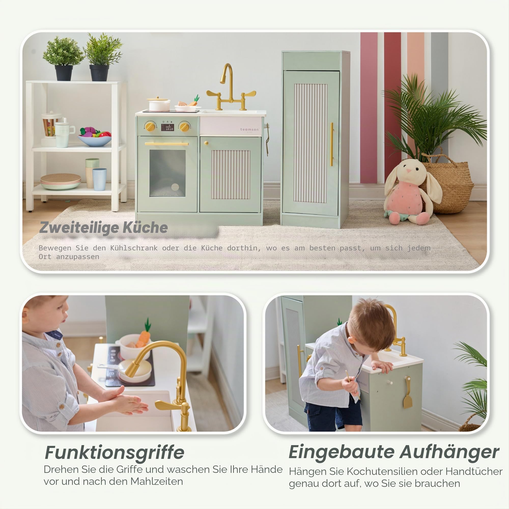 Teamson Kids Little Chef Chester Kinderküche in Grün mit Zubehör, Spielküche für Kinder aus Holz mit Herd, Backofen und Stauraum | mit Zubehör, Spielküche aus Holz, mit Herd, Backofen, Stauraum
