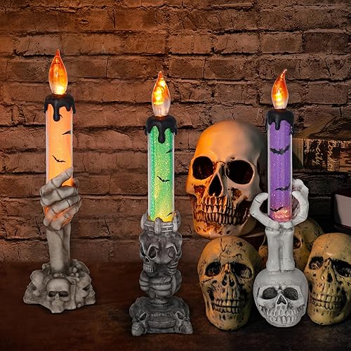Decoraciones de Halloween, paquete de 3 manecillas de esqueleto, estacas de vela iluminadas, adornos de resina de esqueleto, funcionan con pilas,