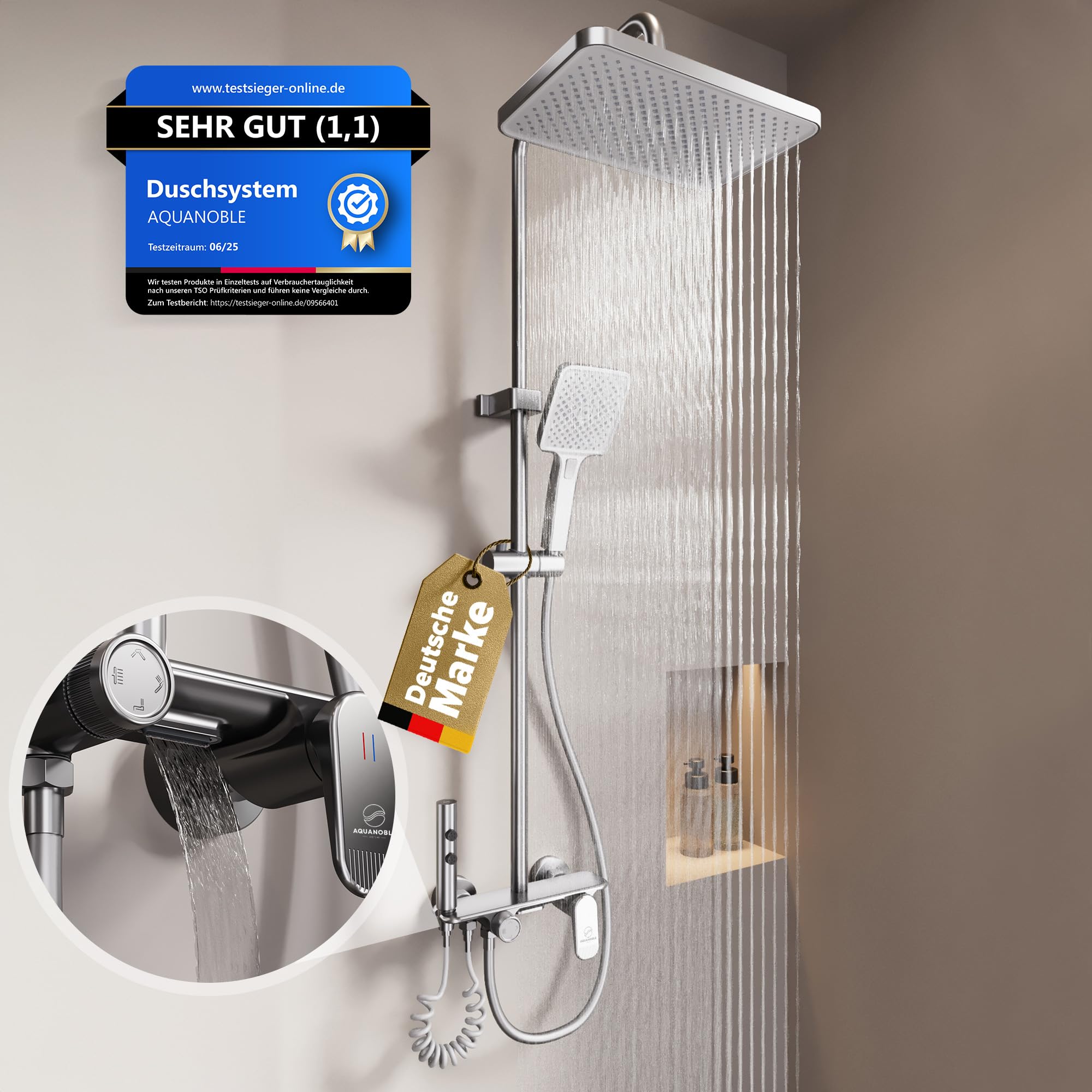 AquaNoble Aufputz Duschsystem mit Thermostat & Ablage – Duscharmatur Komplettset mit Regendusche, 3-Funktionen Handbrause, Wanneneinlauf/Wasserfall & Reinigungspistole, EasyClean Anti-Kalk, chrom