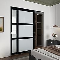 BARNSMITH 72x80 Black 3-Panel Sliding Closet Barn Door - Preassembled Frosted Glass with Hardware, Waterproof PVC MDF, No Bottom Track