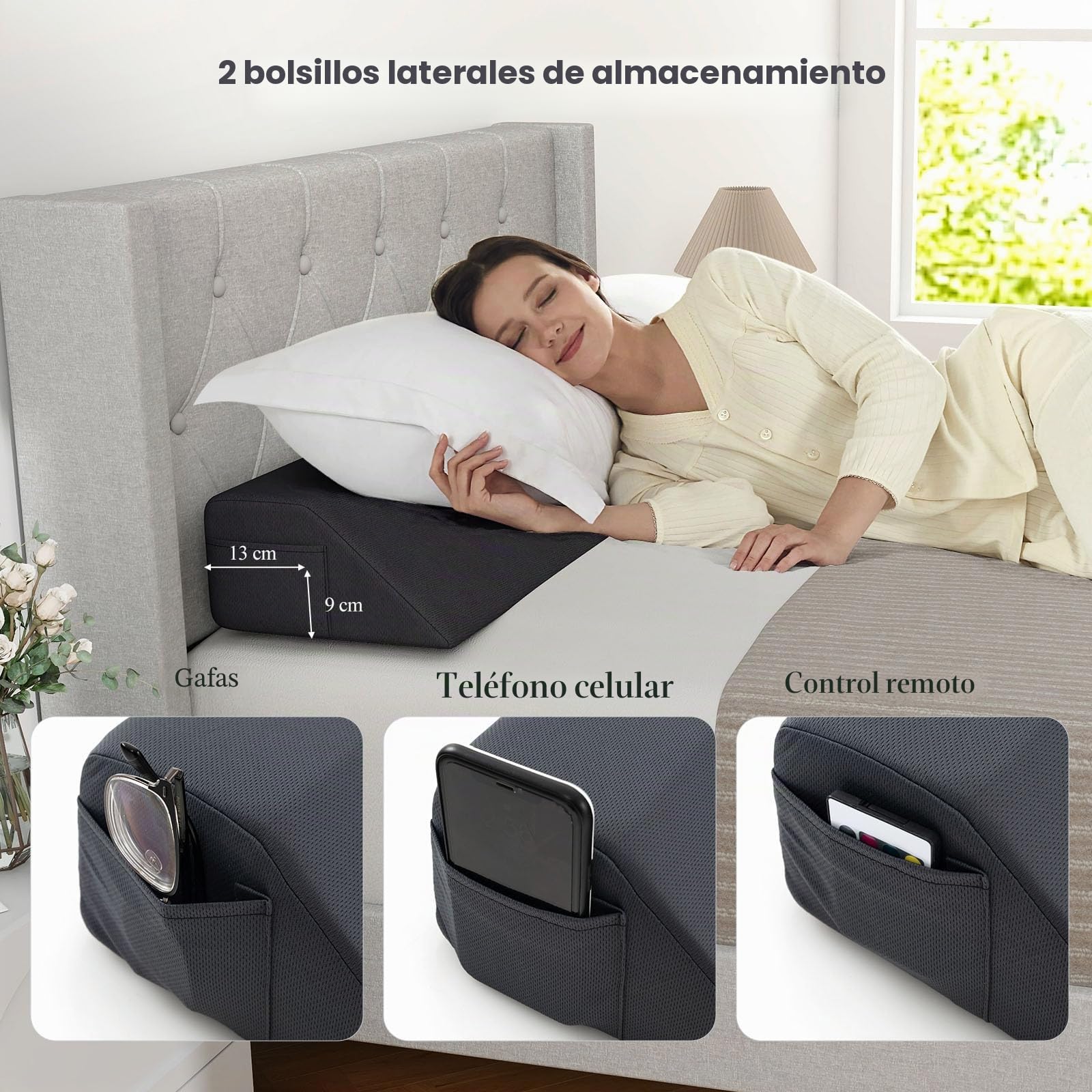 LIFEZEAL Almohada Trapezoidal para Rellenar el Espacio entre el Cabecero y el Colchón, Almohada de Lectura con Funda Lavable, Acolchada con Esponja, 2 Bolsillos Laterales, para Cama (137 x 25 x 13 cm)