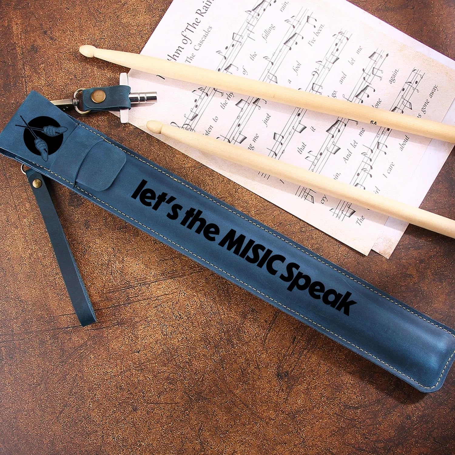 Minxltd Blue Personalized Handmade Leather Drum Stick, Custom Drumstick Pouch, Engraved Name/Text/Logo Drumstick Sleeve, Drum Leather Accessories, Drummer Bag, Drummer Gifts(Blue)