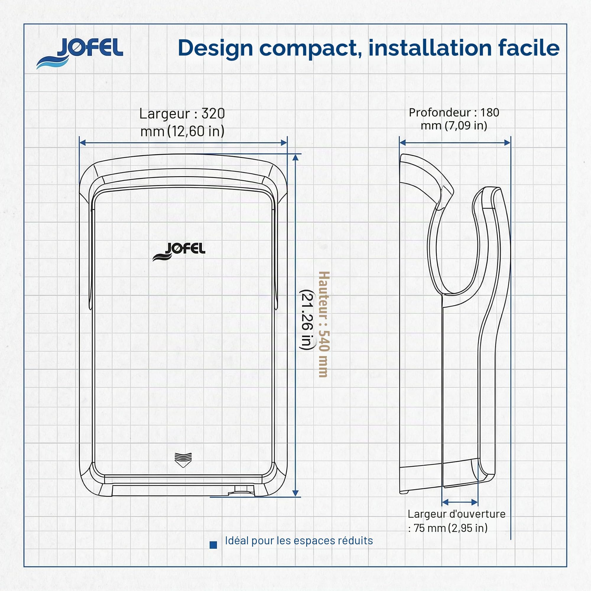 Jofel - Sèche-mains optique haute performance (540 Km/h) 1500 W, Sèche-mains automatique, rapide, type rideau, réservoir de collecte, modèle Jet Smart Boîtier ABS antibactérien, AA24550 Argent