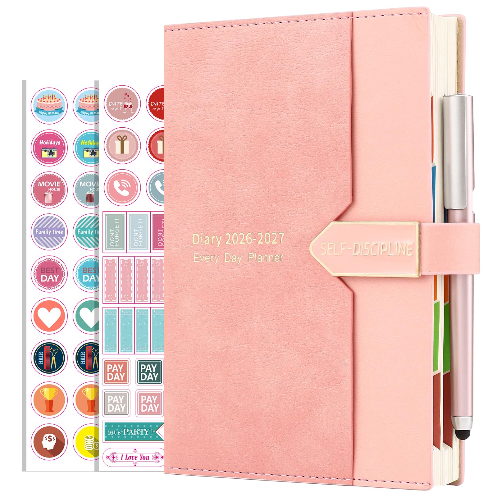Mljtoyo Academic Diary 2026-2027 A5 Page a Day, Mid Year Daily Planner Organiser with Monthly View, Aug 2026 - Aug 2027, Hardcover, Colorful sideTabs, Pen Set, 3Bookmarks,Pocket,Pink