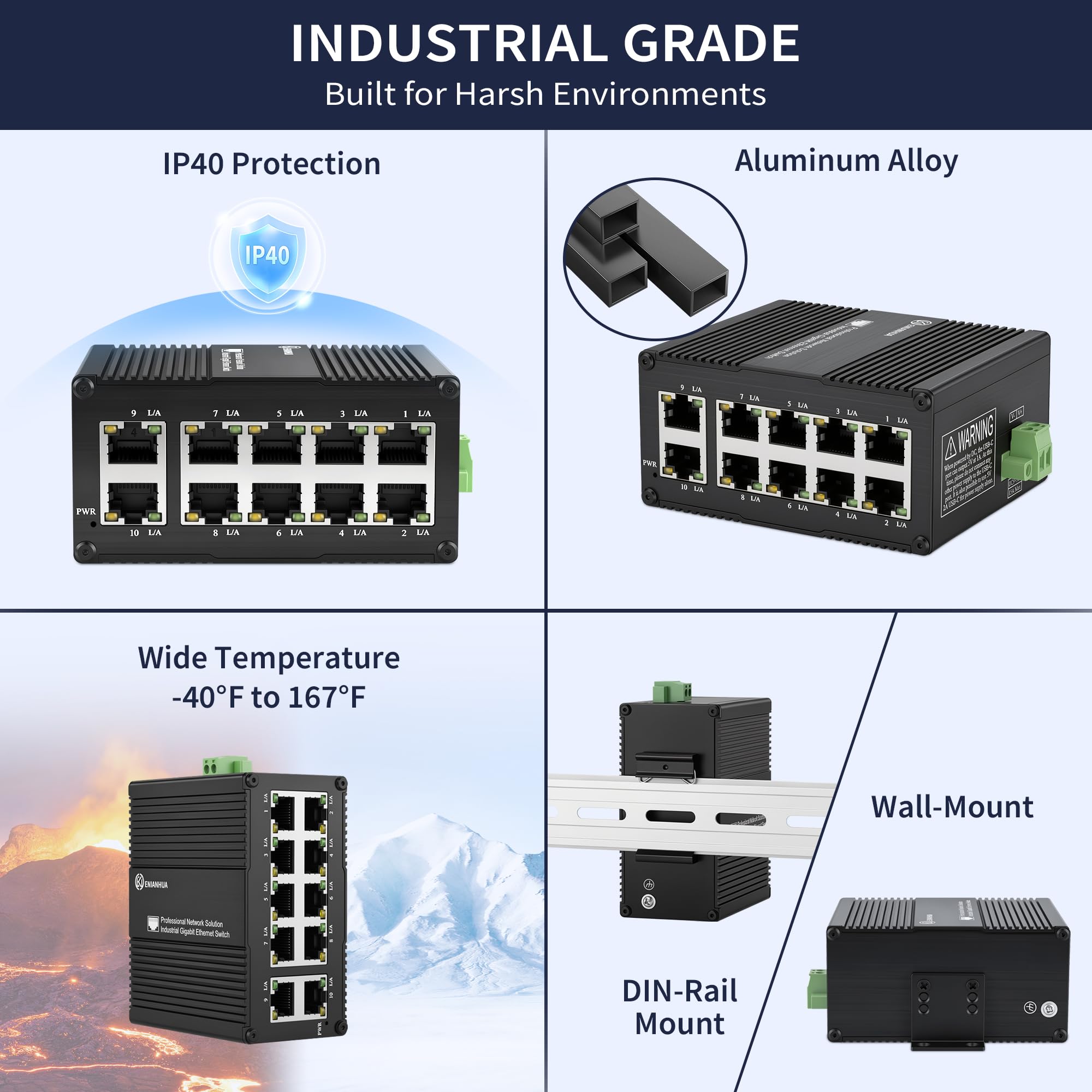 ENIANHUA Mini Industrial 10 Ports Gigabit Switch, USB-C 5V or DC 9
