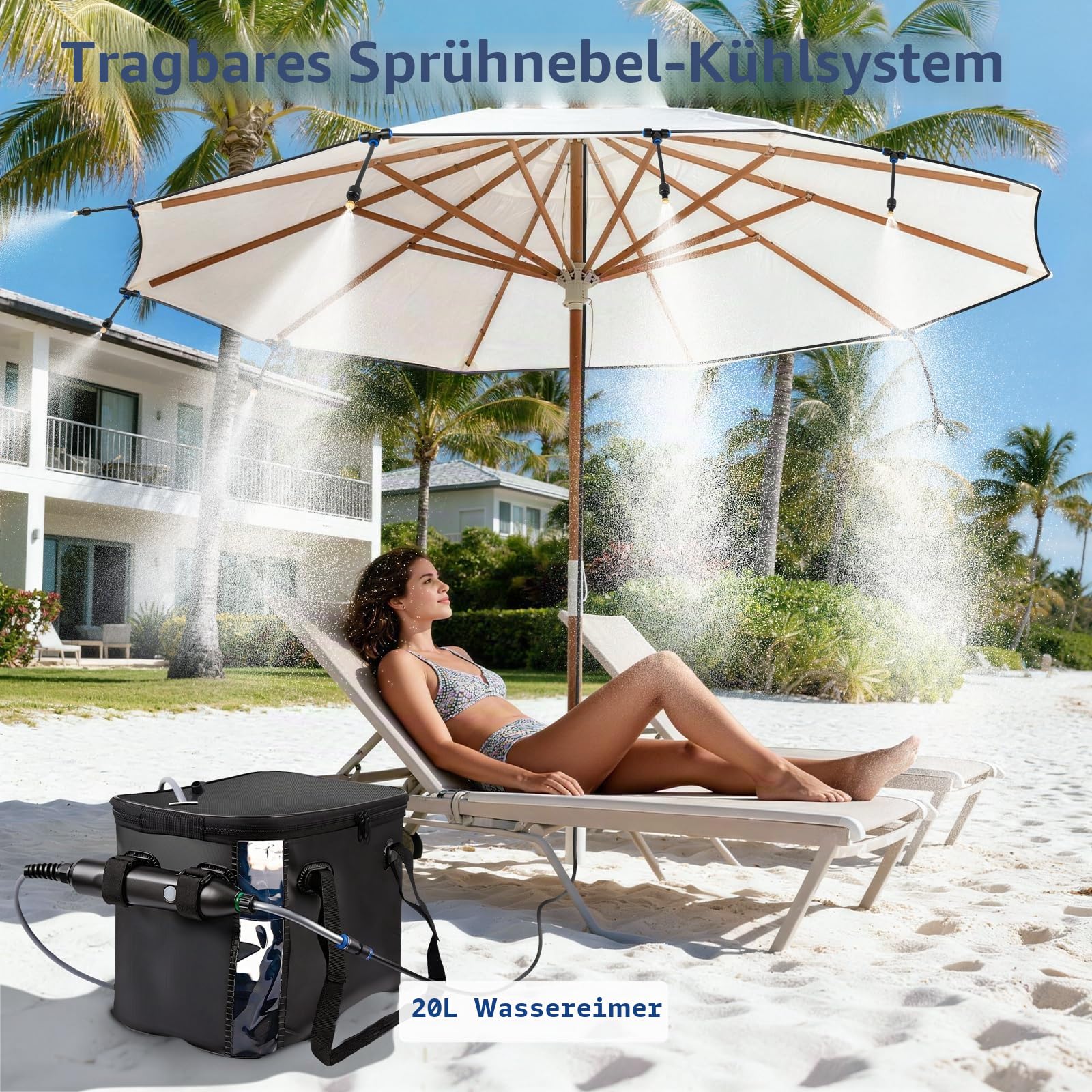 26 FT Tragbare Misters für Außenterrasse - Outdoor-Misters für Sommerkühlung, tragbares Besprühungssystem mit 4500mAh Wasserpumpe, 20L Eimer, 8 Düsen, Wassernebler für Terrasse/Schirm/Camping