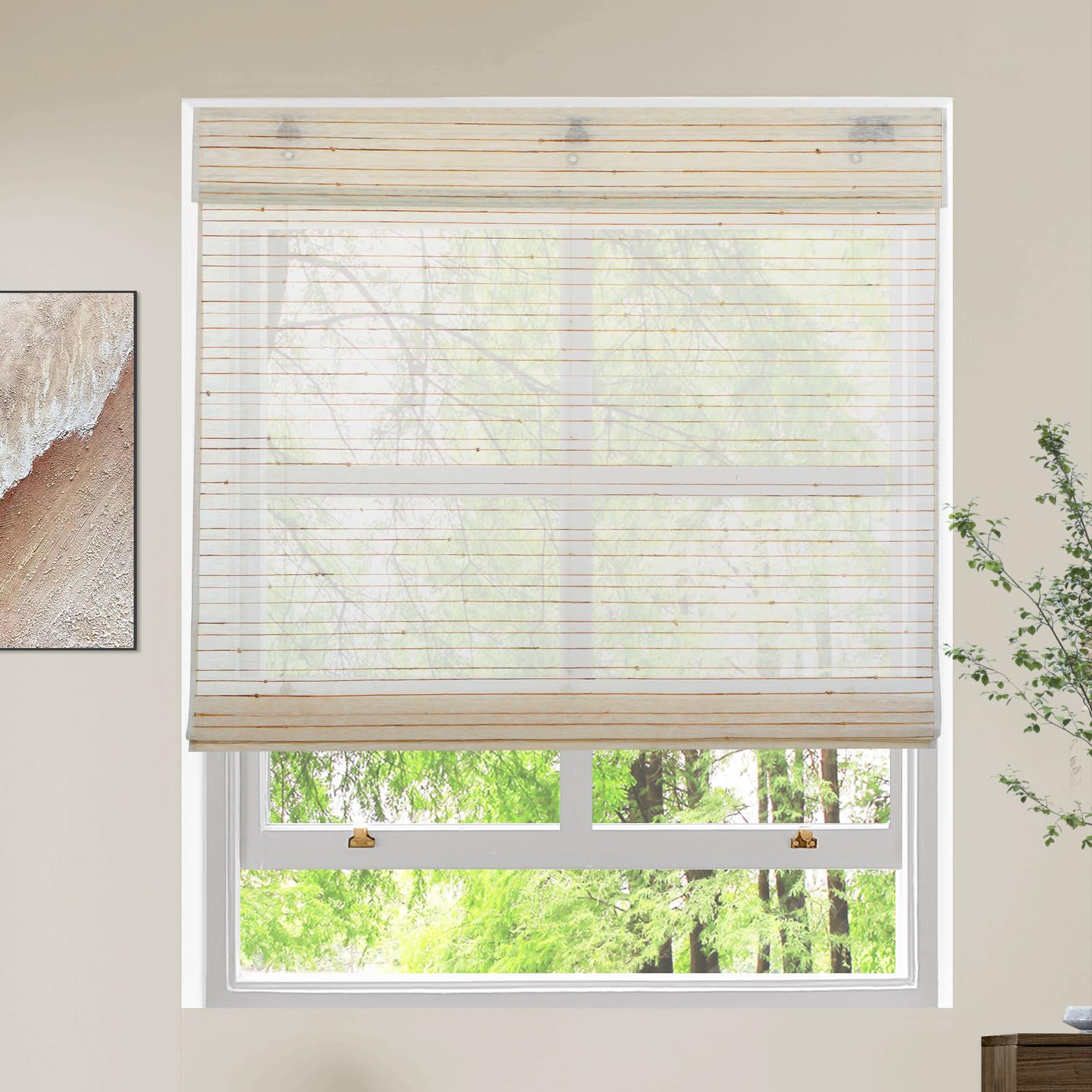 Cordless Linen Roman Shades Blinds,Sheer Light Filtering Window Blinds for Interior Windows, Real Natural Jute and Reed Material,Beige