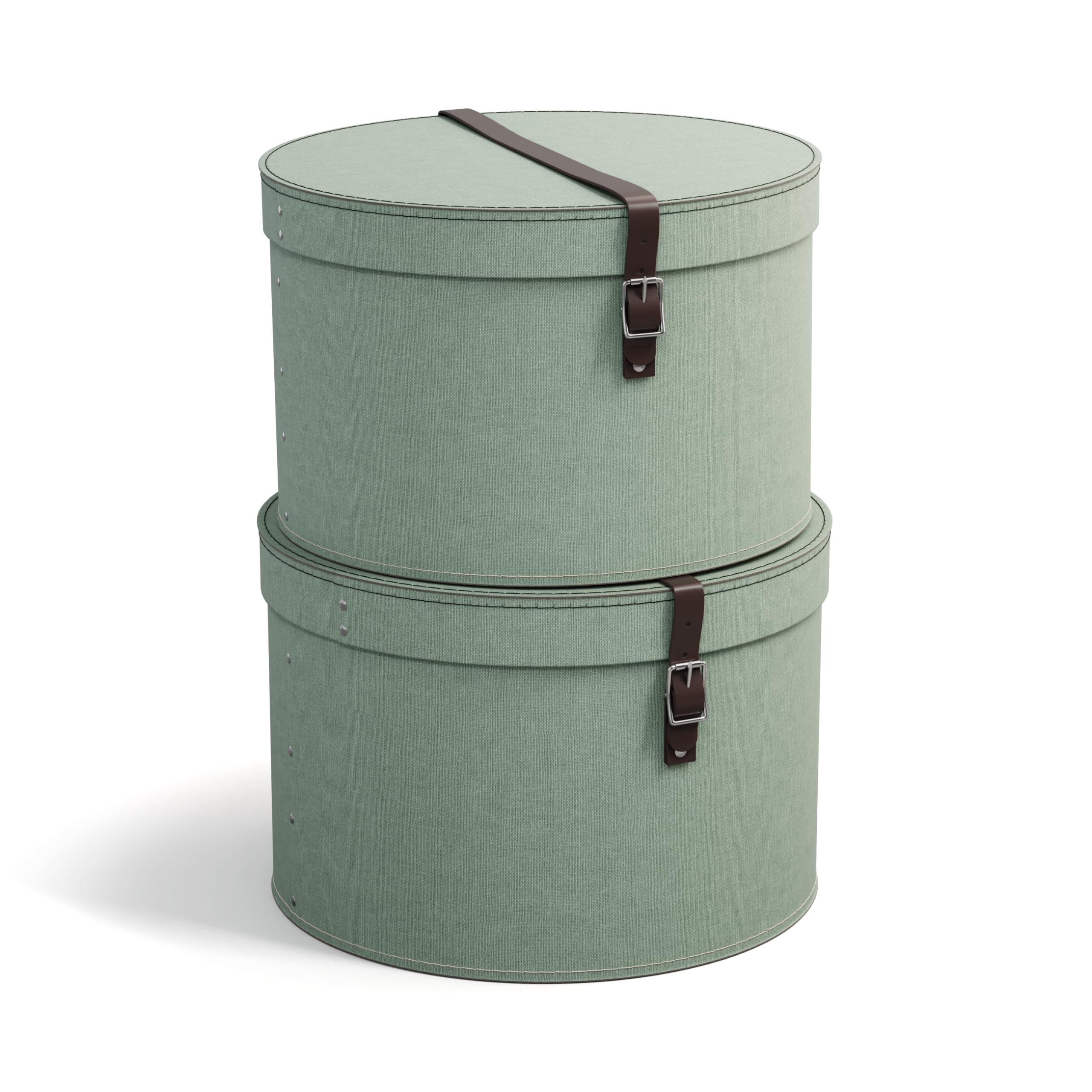 Bigso Box of Sweden Juego de 2 Cajas Redondas de Distinto Tamaño – Cajas con Tapa y Correa de Cuero – Caja Sombrerera de Tablero de Fibras y Papel con Aspecto de Lino - Verde menta
