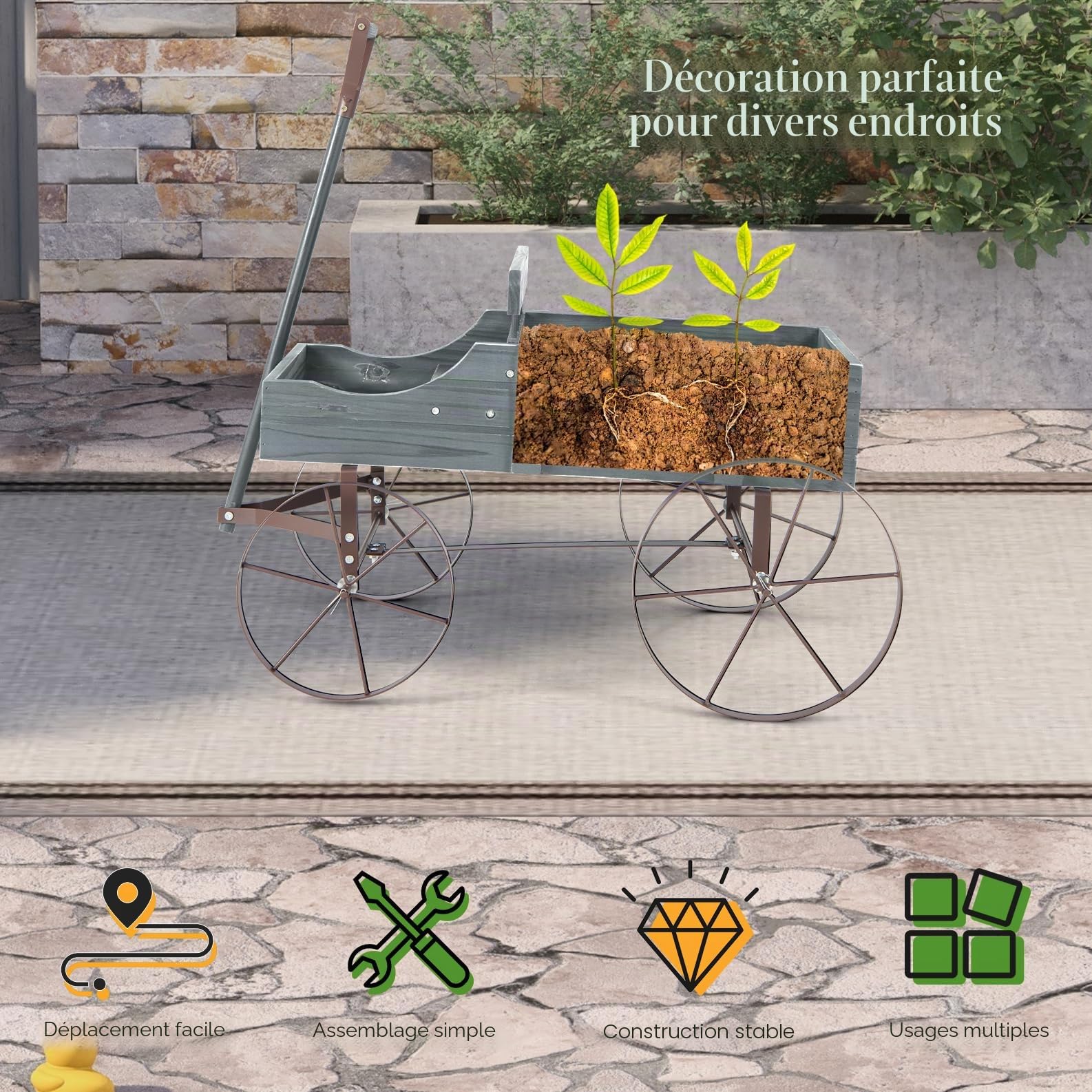 HOMASIS Brouette en Bois pour Plantes, Chariot de Jardin avec Roues en Métal et 2 Compartiments, Jardinière en Forme de Monocycle Décoratif pour Jardin, Terrasse, Patio, 63 x 35 x 62,5 cm (Gris)