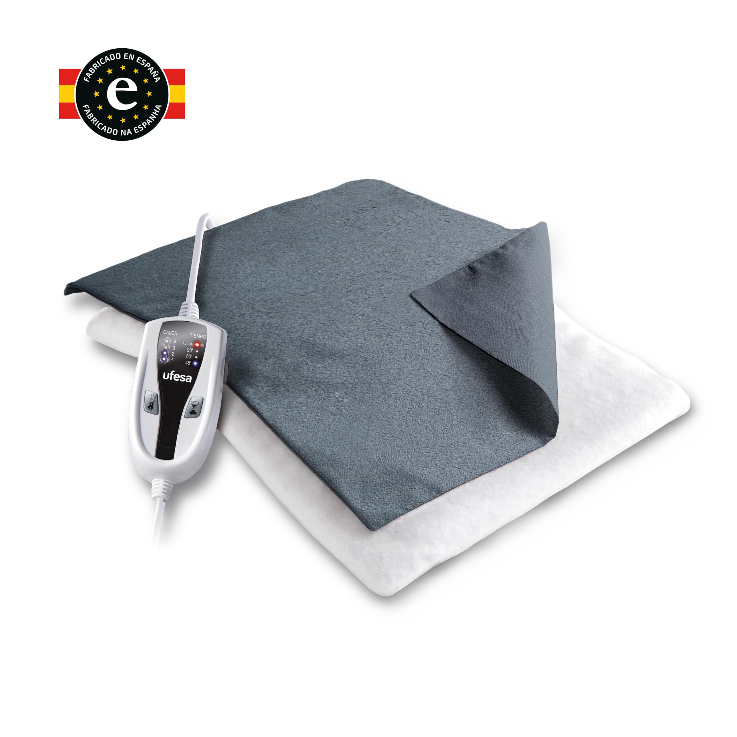 Ufesa 2PH - Cuscinetto termico elettrico, 46 x 34 cm, 100 W, 4 livelli di temperatura, timer, spegnimento automatico, custodia in tessuto grigio