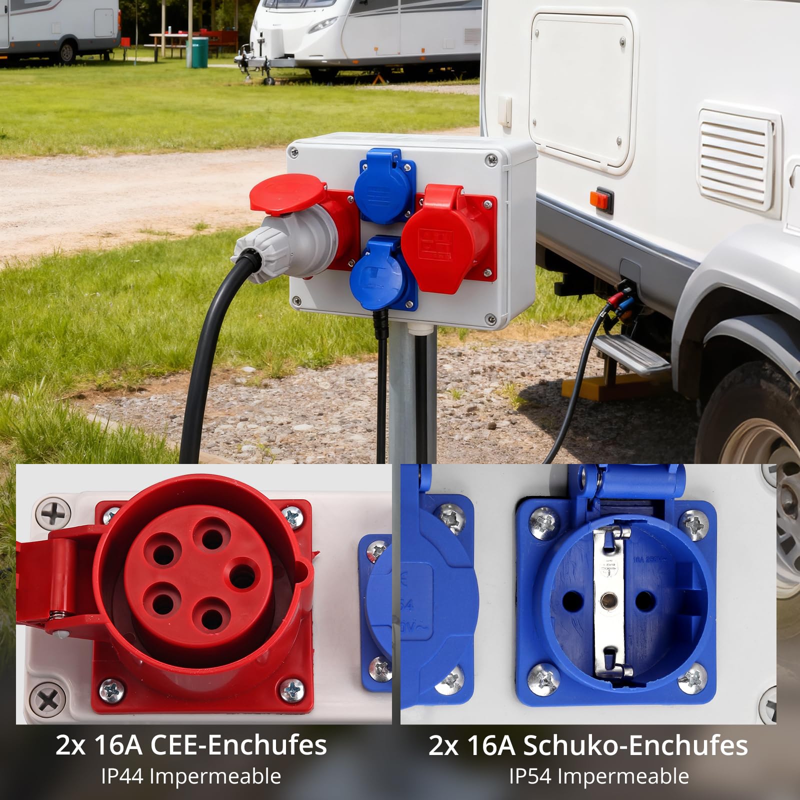EYPINS Distribuidor de Corriente para Construcción, Distribuidor de Pared 2x 230V Enchufes Schuko+2x Enchufe CEE 16A,IP66/IP54 Impermeable,Carcasa de PC Ignífugo para Talleres Fábricas Autocaravanas
