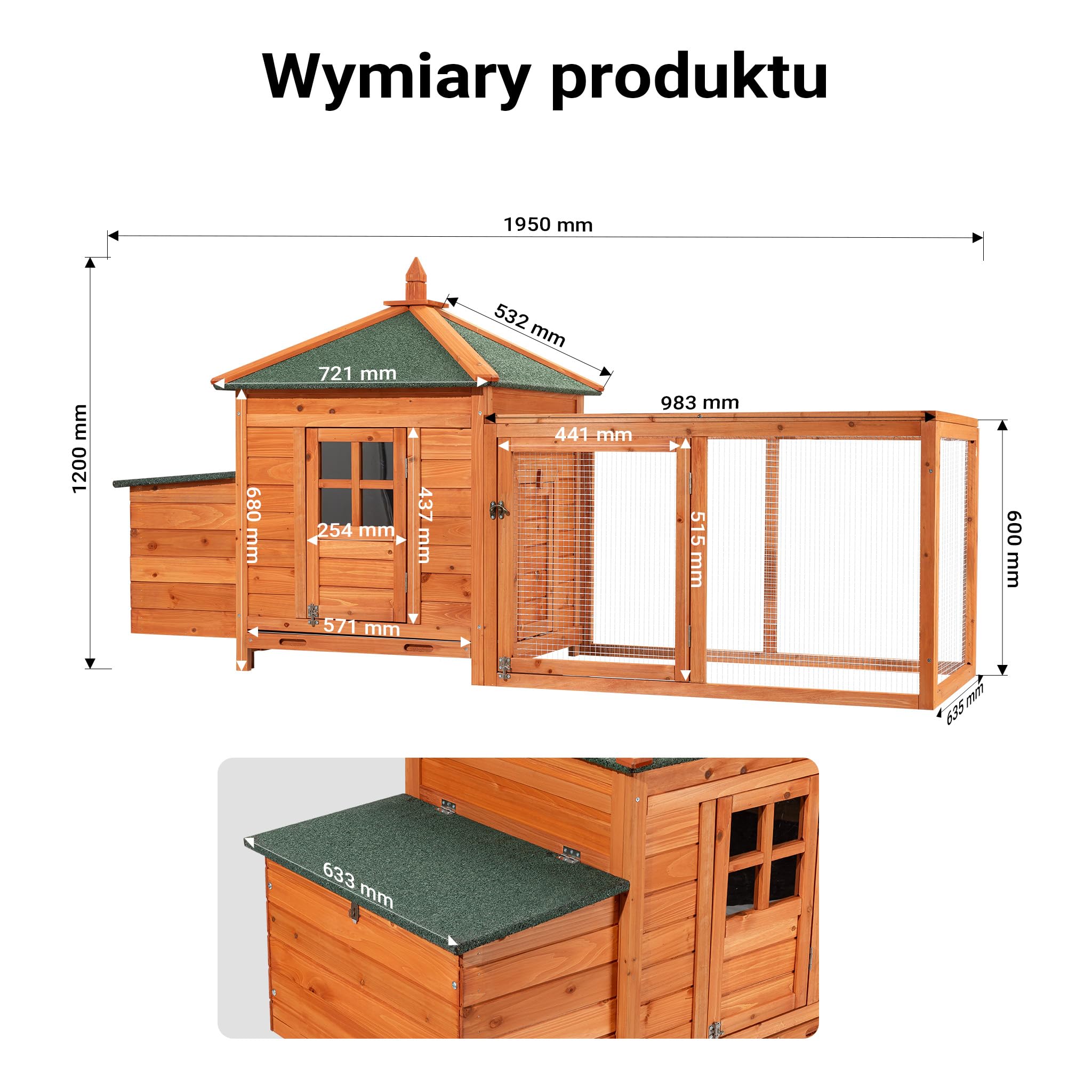 Domek dla gryzoni Wiltec 1950 x 635 x 1200 mm, klatka dla królików z drewna świerkowego, z dachem bitumicznym, klatka dla kurczaków z budką lęgową, zagroda dla małych zwierząt na wolnym wybiegu