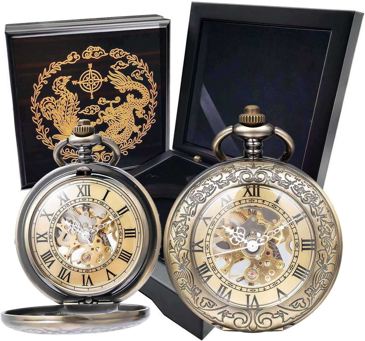 Mechanical Pocket Watch, for Men Women Special Magnifier Half Hunter Engraved Case Roman Numerals with Chain