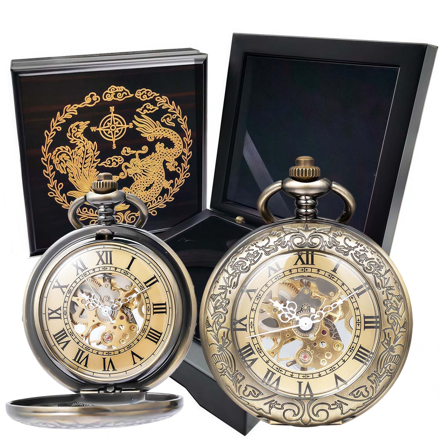 Orologio da tasca meccanico, per uomo e donna, con lente d'ingrandimento speciale, cassa incisa, numeri romani con catena, bronzo