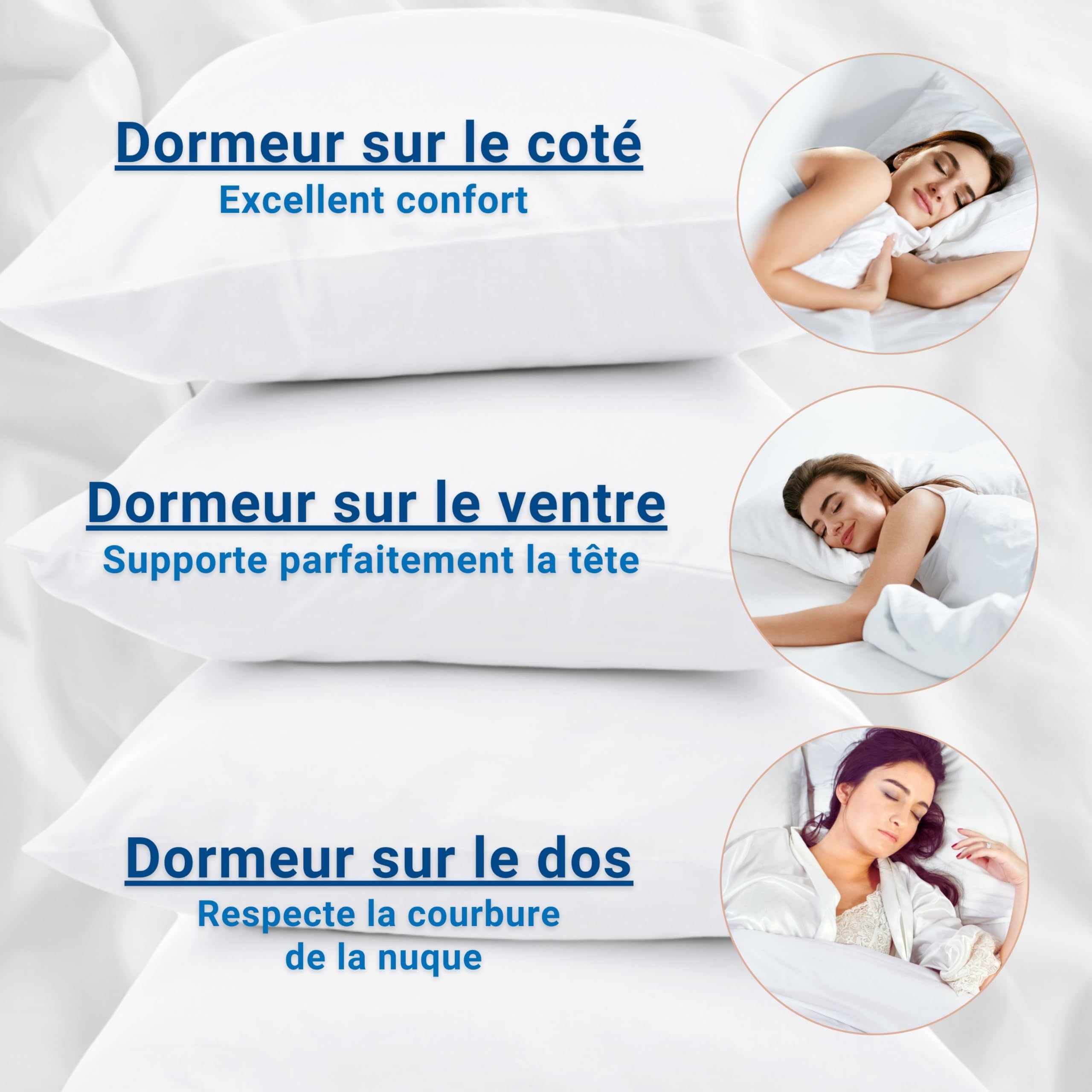 Blue Moon Lot de 4 Oreillers 60x60 Moelleux | Confort Hôtellerie | Fibres Creuses Siliconées 580 g | Housse Microfibre | Lavable en Machine | Hypoallergénique | Fabriqué en Belgique