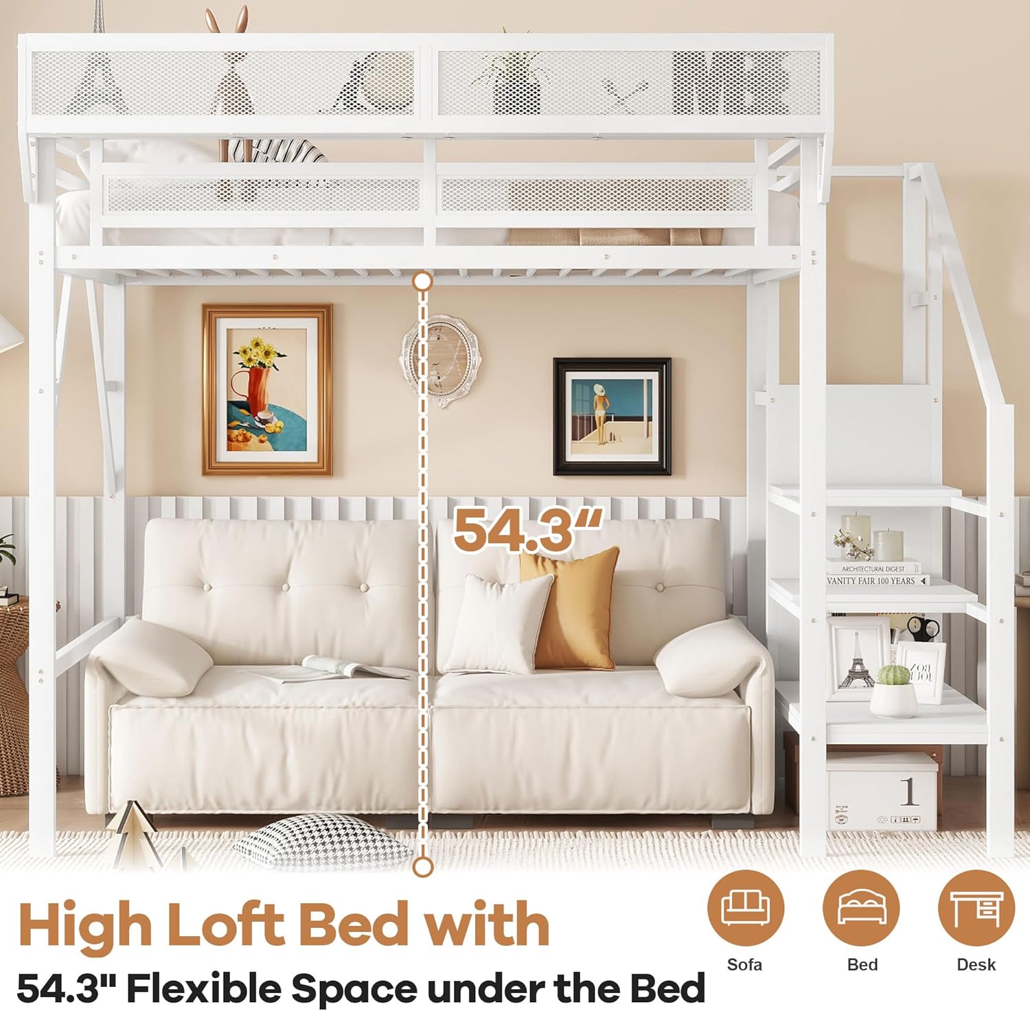 Loft Bed Twin XL Size, Metal Loft Bed Frame with Stairs, Storage Shelves, Wardrobe, Heavy-Duty Noise-Free, No Box Spring Required, Easy Assembly, White
